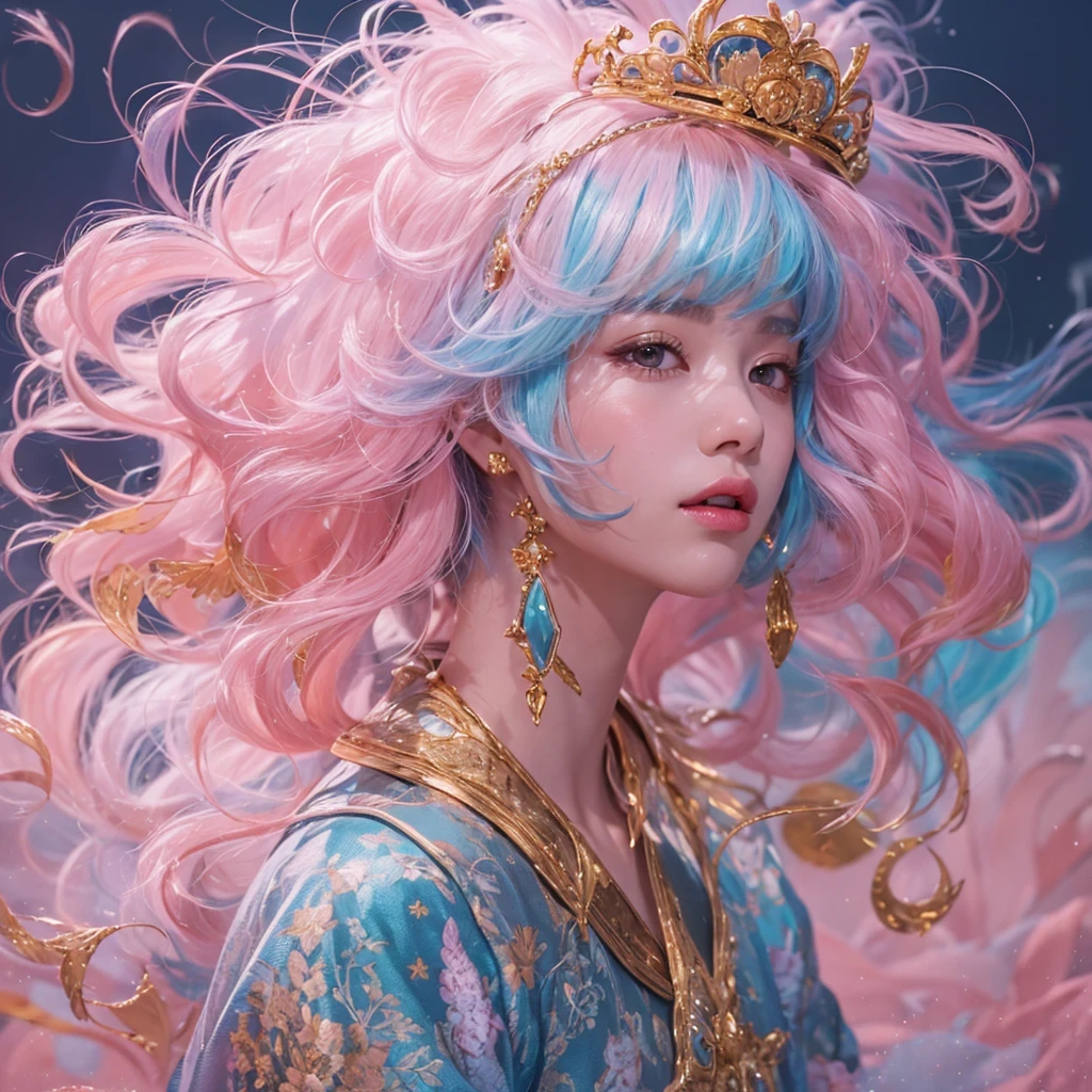 Goose pink blue color，enamel，agate，A flesh-colored world，Blood Blue Girl 32K（masterpiece，HD，Aoyama Pond，Ultra high quality，32）long flowing bright blue hair，blood pool，Ziddink， a color，Grumpy （After greeting）， （Linen scarf）， fighting stance， looking at the ground， Goose pink long hair， Floating bright blue， Fire cloud gold headdress， Chinese long-sleeved gold silk burgundy garment， （Abstract metaverse splash：1.2）， White background，Peony flower vitality protector（粉realisticlying：1.4），bright purple hair，Smoke on the road，The background is very pure， high resolution， detail， RAW photos， Sharp Re， Nikon D850 film photo by Jefferies Lee 4 Kodak Portra 400 camera F1.6 guns, Rich pink shade, Ultra-realistic and vivid textures, dramatic lighting, Unreal Engine Art Station Trend, Sinest Powder 800，一个有着long flowing bright blue hair的女孩，Huge colorful bubbles鹅粉黄