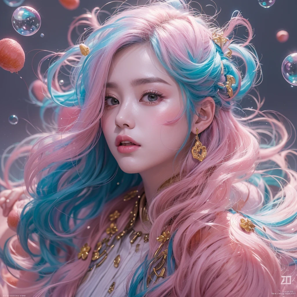 Goose pink blue color,enamel,agate,A flesh-colored world,Blood Blue Girl 32K(masterpiece,HD,Aoyama Pond,Ultra high quality,32)long flowing bright blue hair,blood pool,Ziddink, a color,Grumpy (After greeting), (Linen scarf), fighting stance, looking at the ground, Goose pink long hair, Floating bright blue, Fire cloud gold headdress, Chinese long-sleeved gold silk burgundy garment, (Abstract metaverse splash:1.2), White background,Peony flower vitality protector(粉realisticlying:1.4),bright purple hair,Smoke on the road,The background is very pure, high resolution, detail, RAW photos, Sharp Re, Nikon D850 film photo by Jefferies Lee 4 Kodak Portra 400 camera F1.6 guns, Rich pink shade, Ultra-realistic and vivid textures, dramatic lighting, Unreal Engine Art Station Trend, Sinest Powder 800,一个有着long flowing bright blue hair的女孩,Huge colorful bubbles鹅粉黄