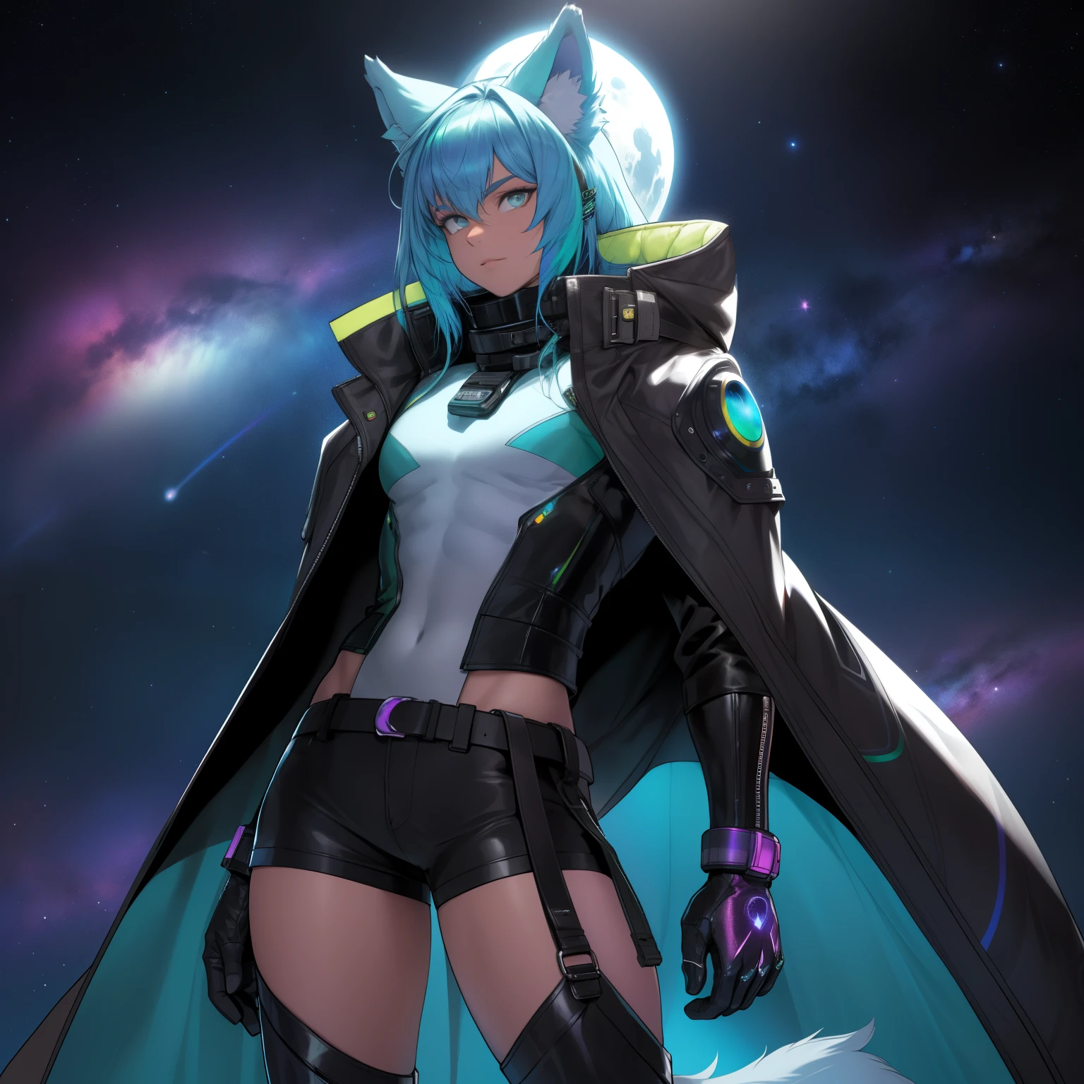 a galactic space boy wearing a leather rainbow trench coat with a peacock insipired design, has wolf ears and a wolf tail, wide hips, thick thighs, long flowing hair, twink, solo, alone, (SOLO)(ALONE)