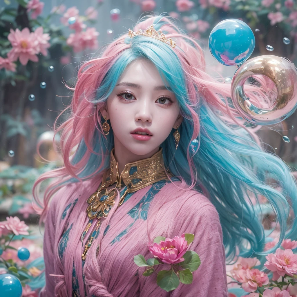 Goose pink blue color，enamel，agate，A flesh-colored world，Blood Blue Girl 32K（masterpiece，HD，Aoyama Pond，Ultra high quality，32）long flowing bright blue hair，blood pool，Ziddink， a color，Grumpy （After greeting）， （Linen scarf）， fighting stance， looking at the ground， Goose pink long hair， Floating bright blue， Fire cloud gold headdress， Chinese long-sleeved gold silk burgundy garment， （Abstract metaverse splash：1.2）， White background，Peony flower vitality protector（粉realisticlying：1.4），bright purple hair，Smoke on the road，The background is very pure， high resolution， detail， RAW photos， Sharp Re， Nikon D850 film photo by Jefferies Lee 4 Kodak Portra 400 camera F1.6 guns, Rich pink shade, Ultra-realistic and vivid textures, dramatic lighting, Unreal Engine Art Station Trend, Sinest Powder 800，一个有着long flowing bright blue hair的女孩，Huge colorful bubbles鹅粉黄