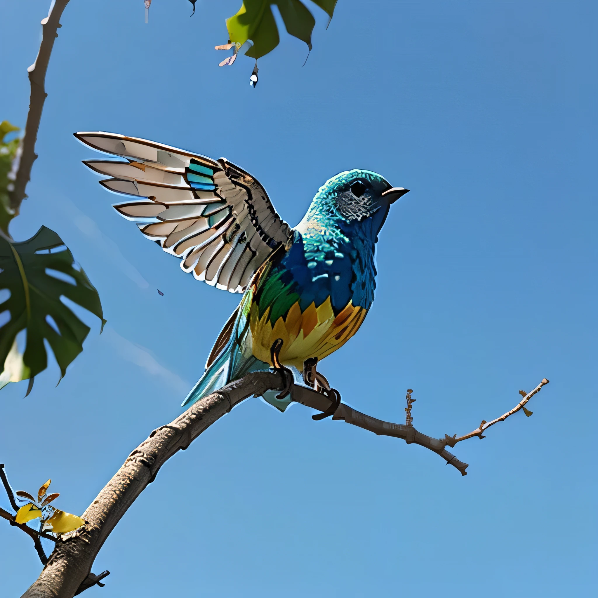A beautiful glass made bird with colorful wings sitting on a tree with blue sky