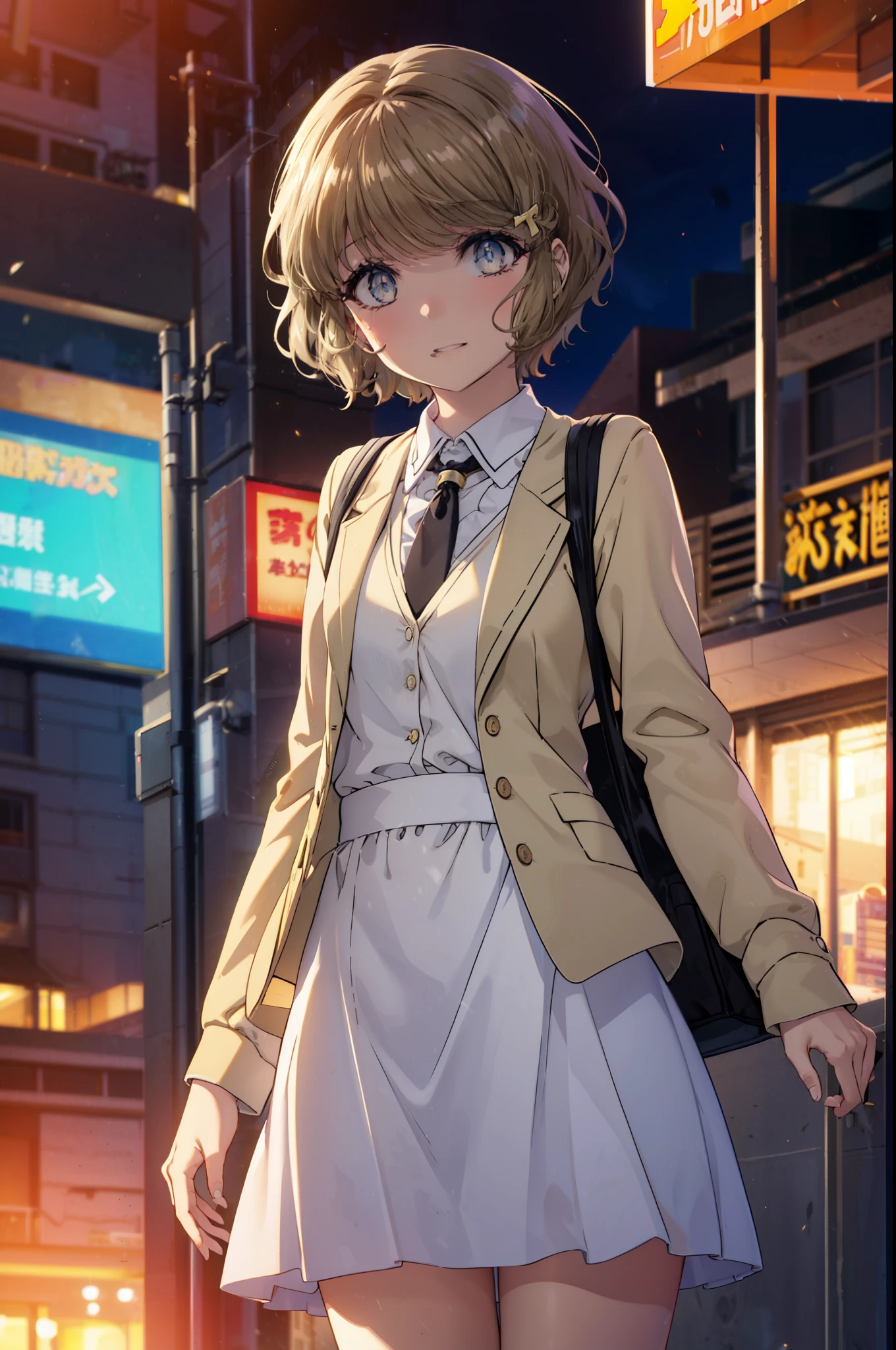 tomoekoga, Chie Koga, short hair, brown hair, blue eyes, hair clip,big breasts , smile,blush,OL,  yellow long coat　The front is empty,end, black suit jacket, collared jacket, white dress shirt, collared shirt, neckline, button, strap, ID card on neck, black pencil skirt, black pantyhose, stiletto heels,sunset,evening,
break outdoors, In town,building street,
break looking at viewer, (cowboy shot:1.5),
break (masterpiece:1.2), highest quality, High resolution, unity 8k wallpaper, (figure:0.8), (detailed and beautiful eyes:1.6), highly detailed face, perfect lighting, Very detailed CG, (perfect hands, perfect anatomy),