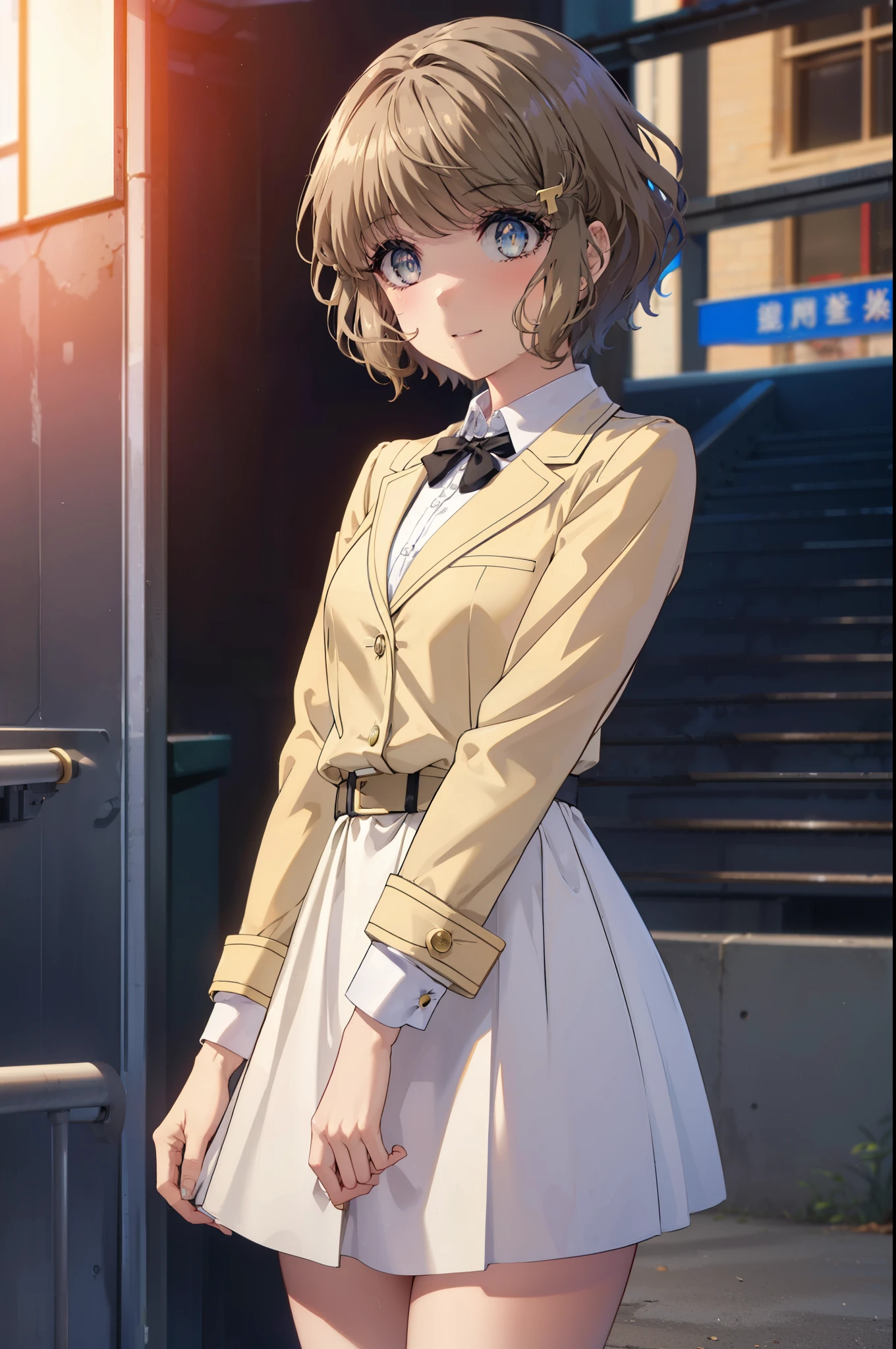tomoekoga, Chie Koga, short hair, brown hair, blue eyes, hair clip,big breasts , smile,blush,OL, yellow long coat The front is empty,end, black suit jacket, collared jacket, white dress shirt, collared shirt, neckline, button, strap, ID card on neck, black pencil skirt, black pantyhose, stiletto heels,sunset,evening,
break outdoors, In town,building street,
break looking at viewer, (cowboy shot:1.5),
break (masterpiece:1.2), highest quality, High resolution, unity 8k wallpaper, (figure:0.8), (detailed and beautiful eyes:1.6), highly detailed face, perfect lighting, Very detailed CG, (perfect hands, perfect anatomy),
