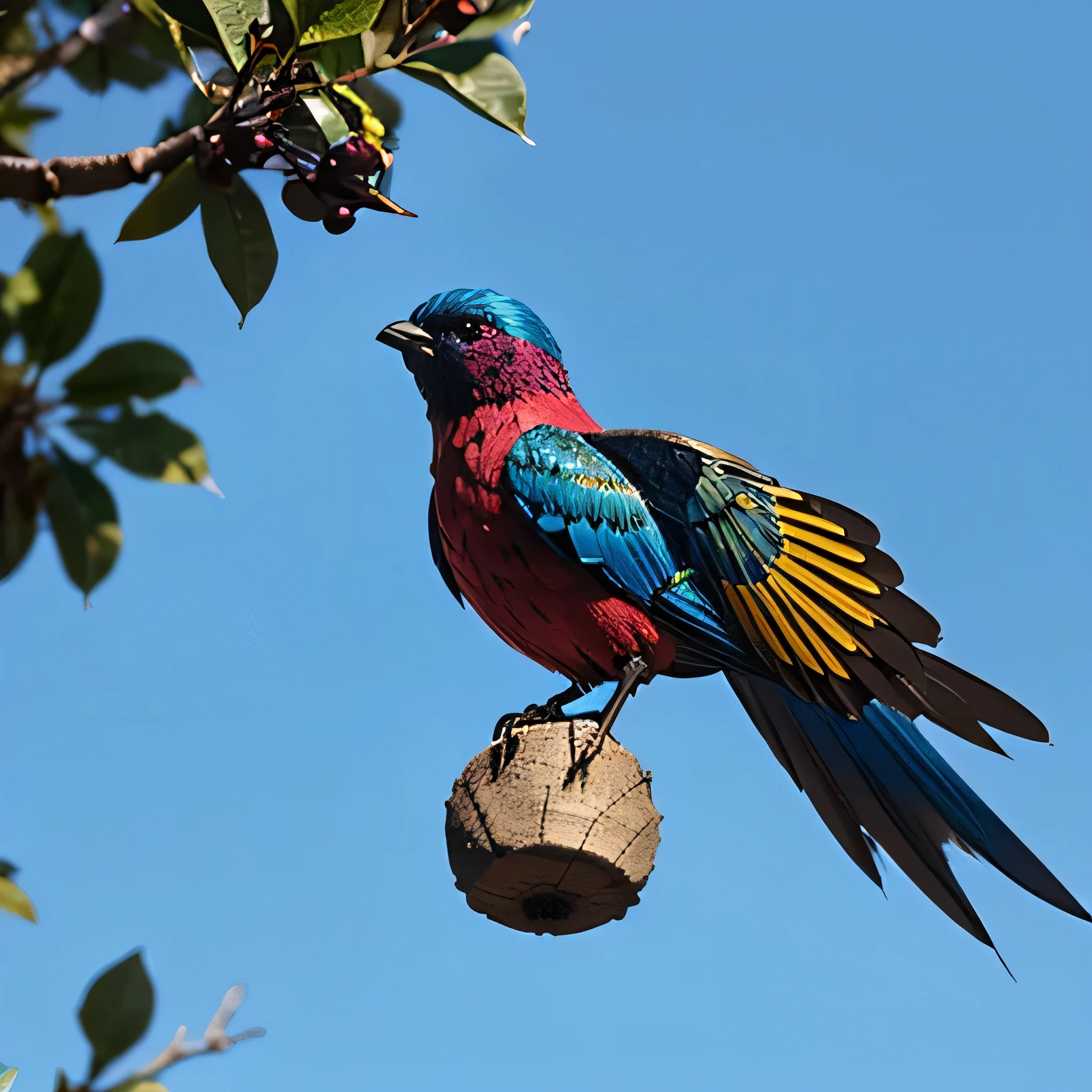 A beautiful glass made bird with colorful wings sitting on a tree with blue sky