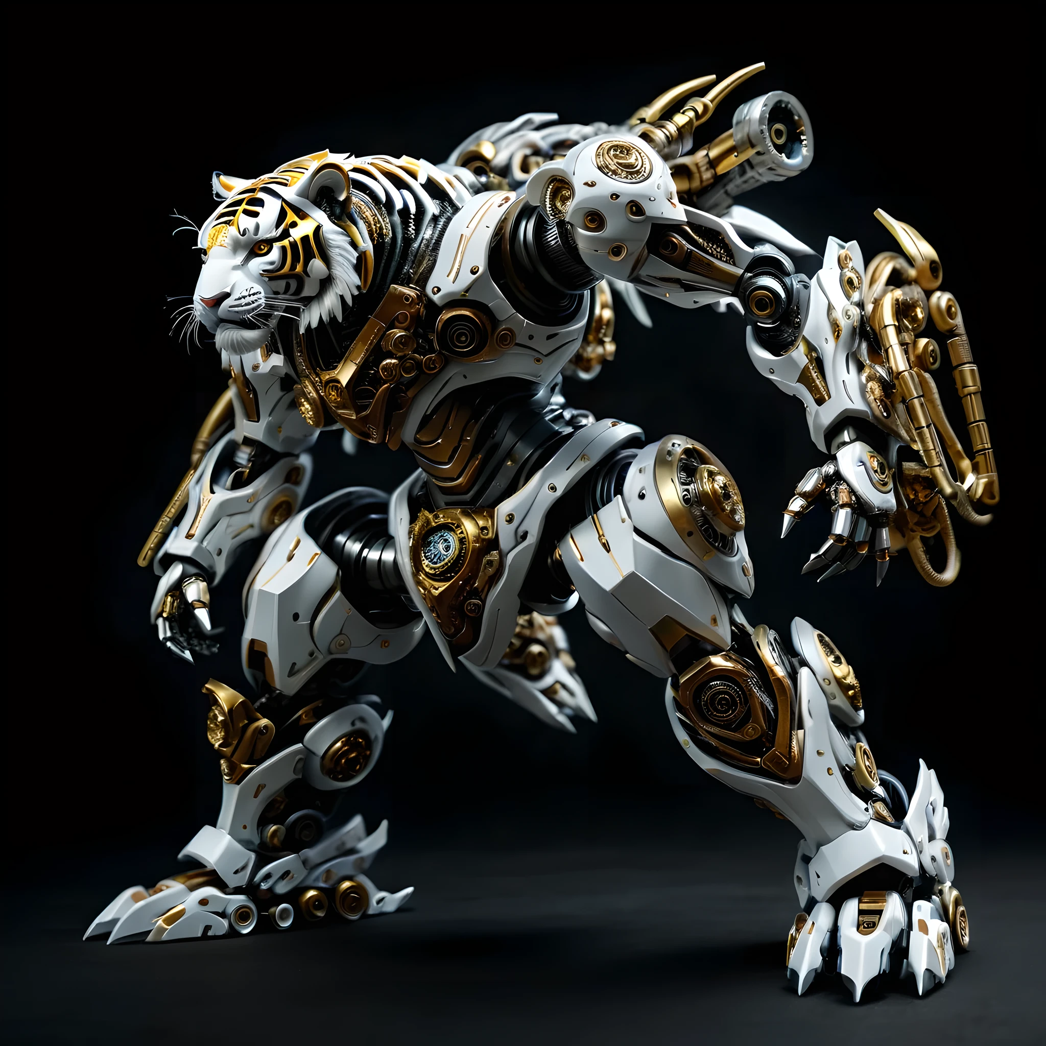 full view, Pure black background, A white and yellow Tiger mecha stood on the ground,Get into a fighting stance, Mechanical tiger head and body composed of ultra-precision mechanical parts, Electronic Component, and metal armor. (Well-designed, high detail, masterpiece, best quality, ultra high definition, Sharpen details, , metallic feel),BRS, (Stylish designed armor:1.5), (biology:1.5)