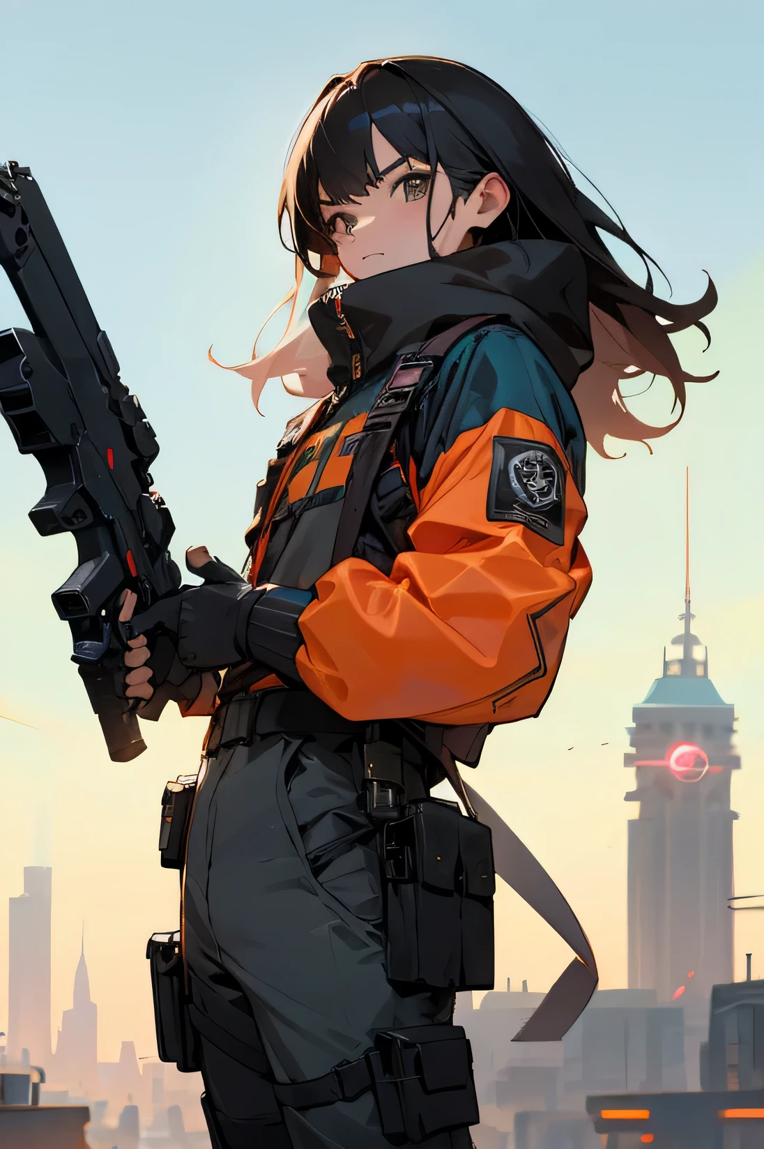 Young adult, Male, bounty Hunter gear, laser guns, town background, Masterpiece Quality, Perfect Generation.