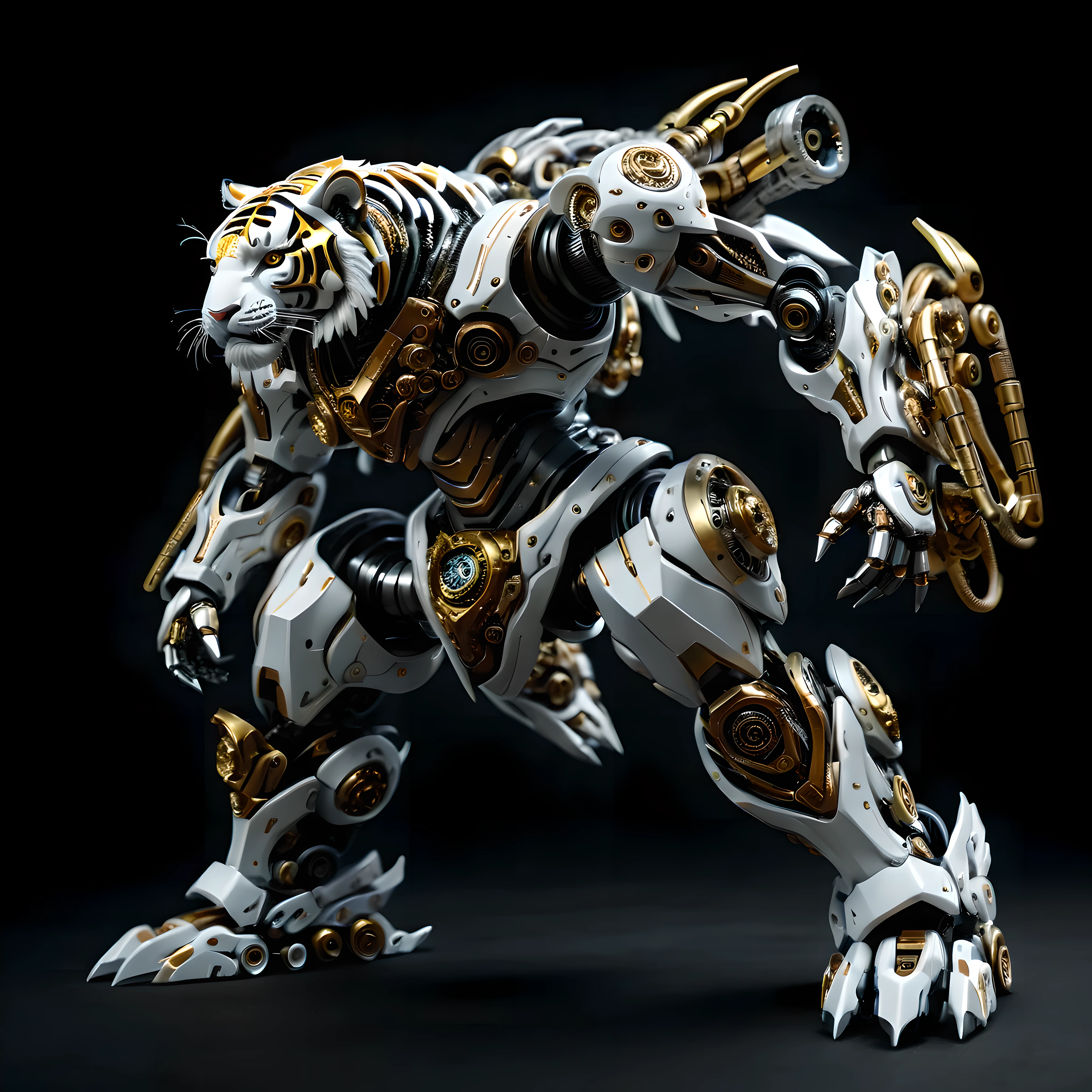 full view, Pure black background, There is a white and yellow Tiger mecha standing on the ground.，Get into fighting stance, Mechanical tiger head and body composed of ultra-precision mechanical parts, Electronic, and metal armor. (Well-designed, high detail, masterpiece, best quality, ultra high definition, Sharpen details, , Metallic feeling),BRS, (Stylishly designed armor:1.5), (biology:1.5)