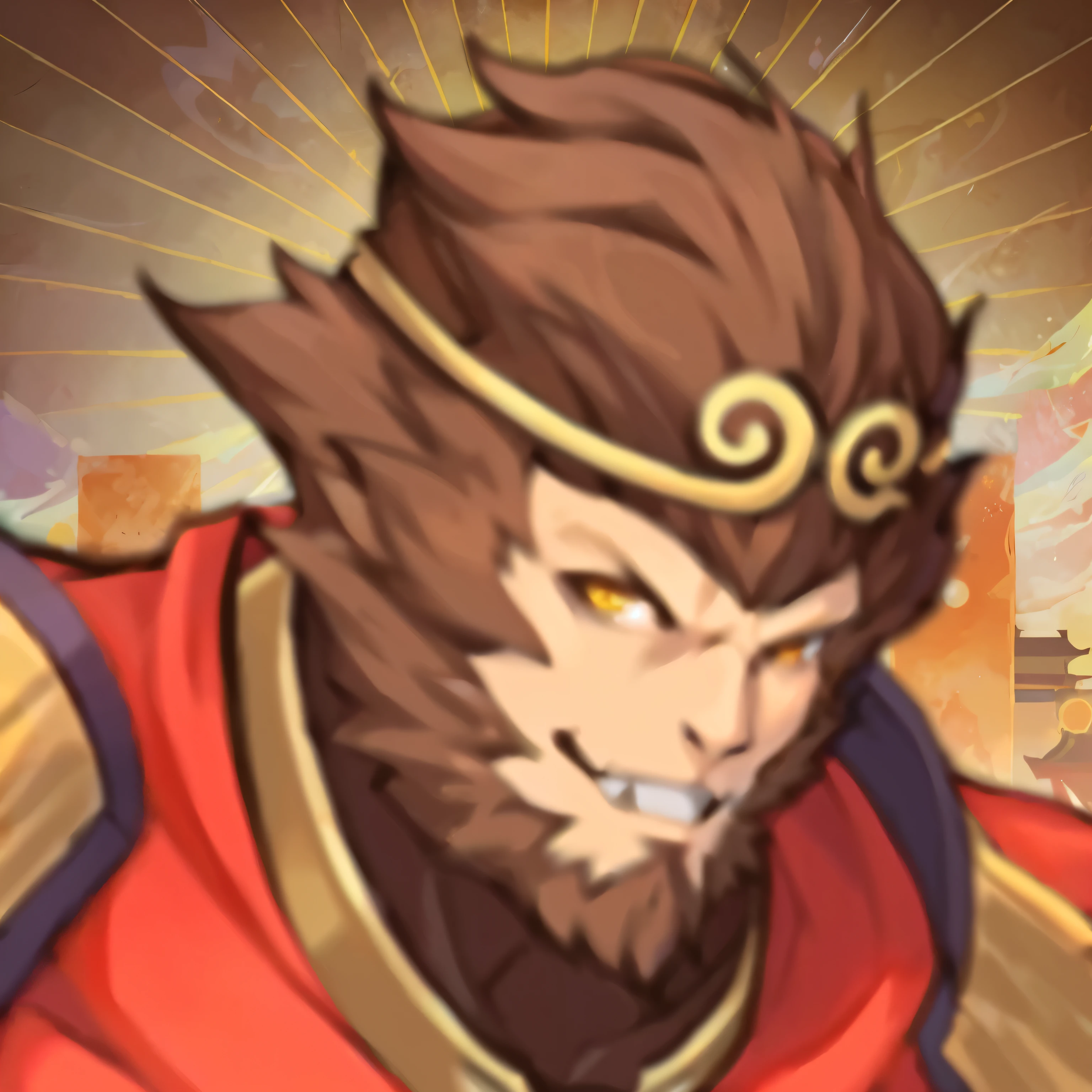 Wearing a red cloak、Close-up of cartoon character wearing golden crown, wukong, Sun Wukong, Onmyoji portrait, 《Genshin》Zhongli in, 《Genshin》Ke Qingyu, Monkey King, bian lian, heise jinyao, naughty giggle, Inspired by Hu Zaobin, Inspired by Li Kan