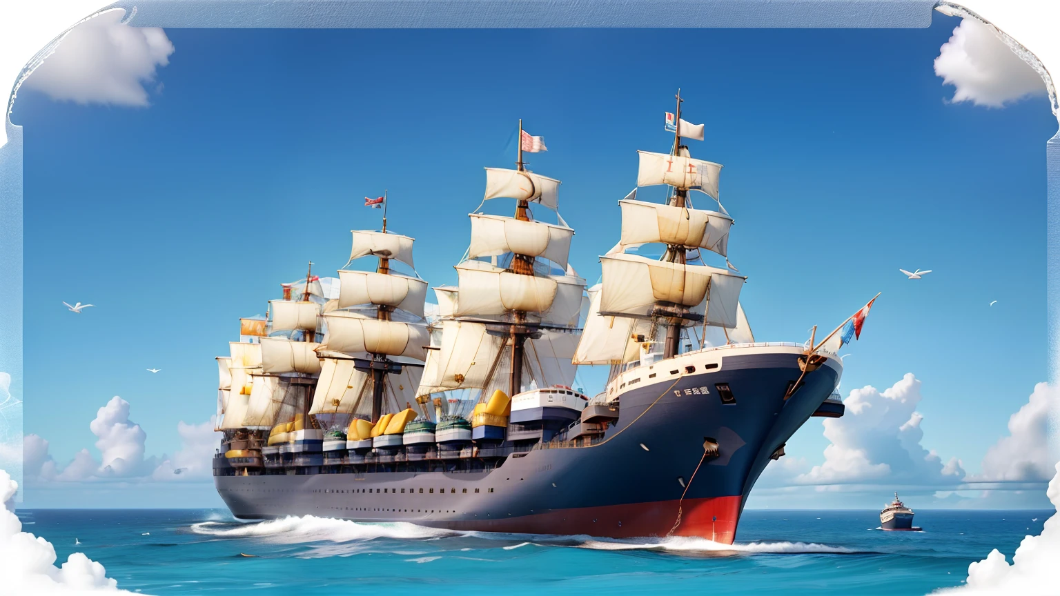 There is a big ship on the sea,Many people on the ship are holding a grand birthday 。 People on the boat toasted to congratulations