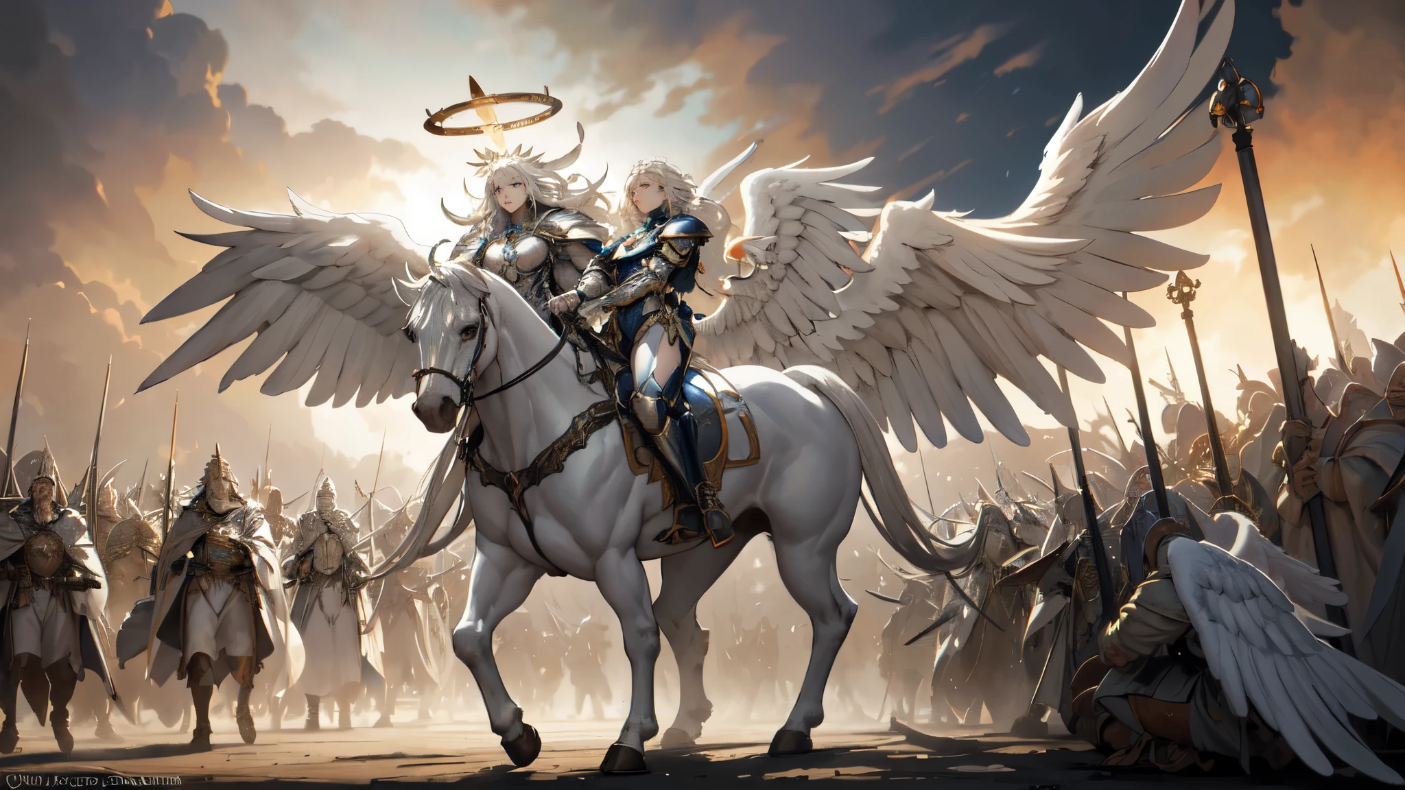 The Horde of Celestial Angels, Angels Descending from the Sky, crowd, angry expression, (battle, fighting Angels), ("Judgment Day"), male, many warriors, shiny armor, angel wings, halo, realistic epic, soft cinematic portrait, Adobe Lightroom, Photo Lab, highly detailed, faded, (neutral colors: 1.2), (HDR: 1.4), (soft colors:1.2), hyperdetailed, (Artstation:1.4), cinematic, warm lights, dramatic light, (intricate details:1.1), complex background, (Rutkowski:0.66), (blue and orange:0.4)