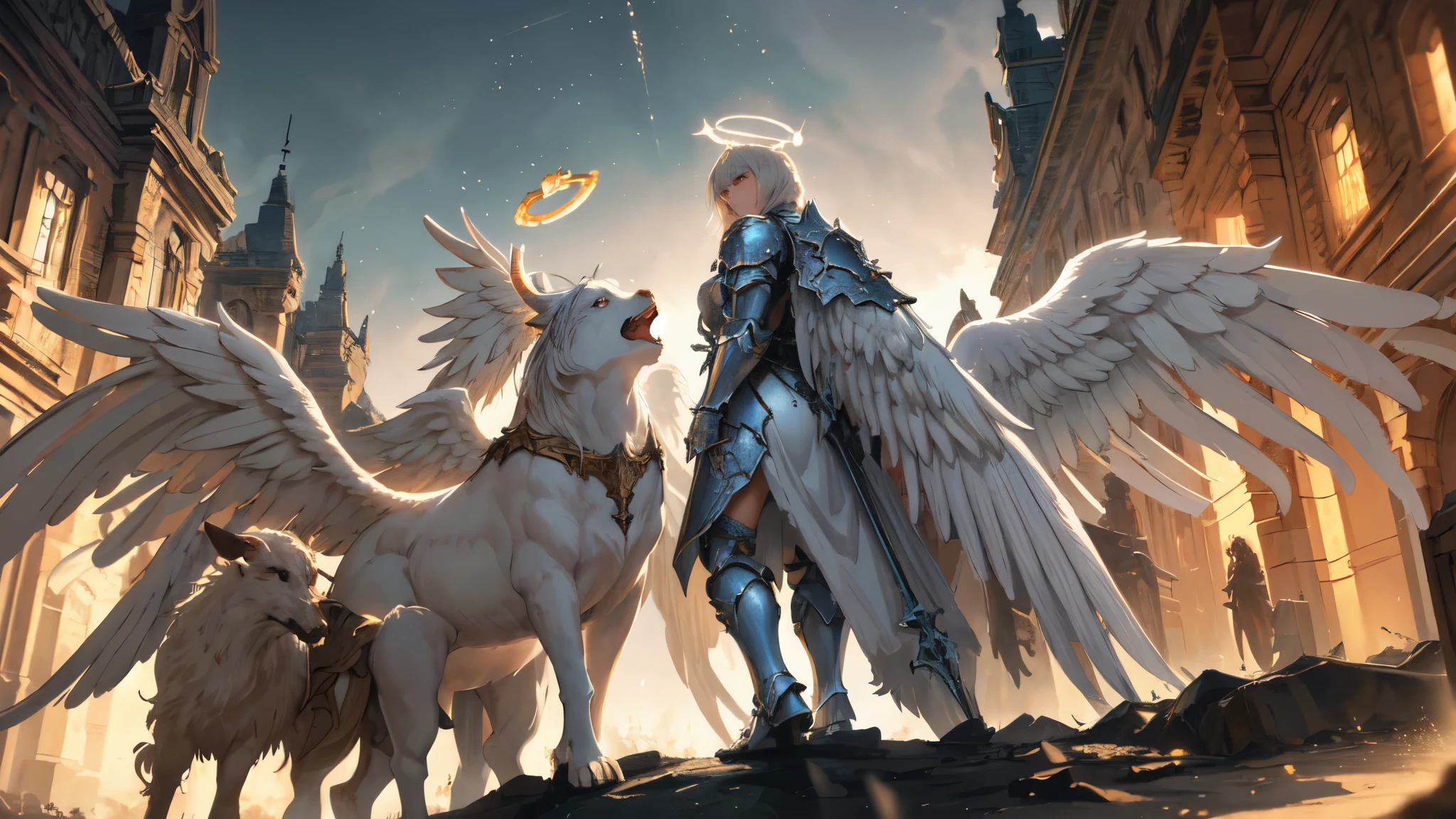 The Horde of Celestial Angels, Angels Descending from the Sky, crowd, angry expression, (battle, fighting Angels), ("Judgment Day"), male, many warriors, shiny armor, angel wings, halo, realistic epic, soft cinematic portrait, Adobe Lightroom, Photo Lab, highly detailed, faded, (neutral colors: 1.2), (HDR: 1.4), (soft colors:1.2), hyperdetailed, (Artstation:1.4), cinematic, warm lights, dramatic light, (intricate details:1.1), complex background, (Rutkowski:0.66), (blue and orange:0.4)