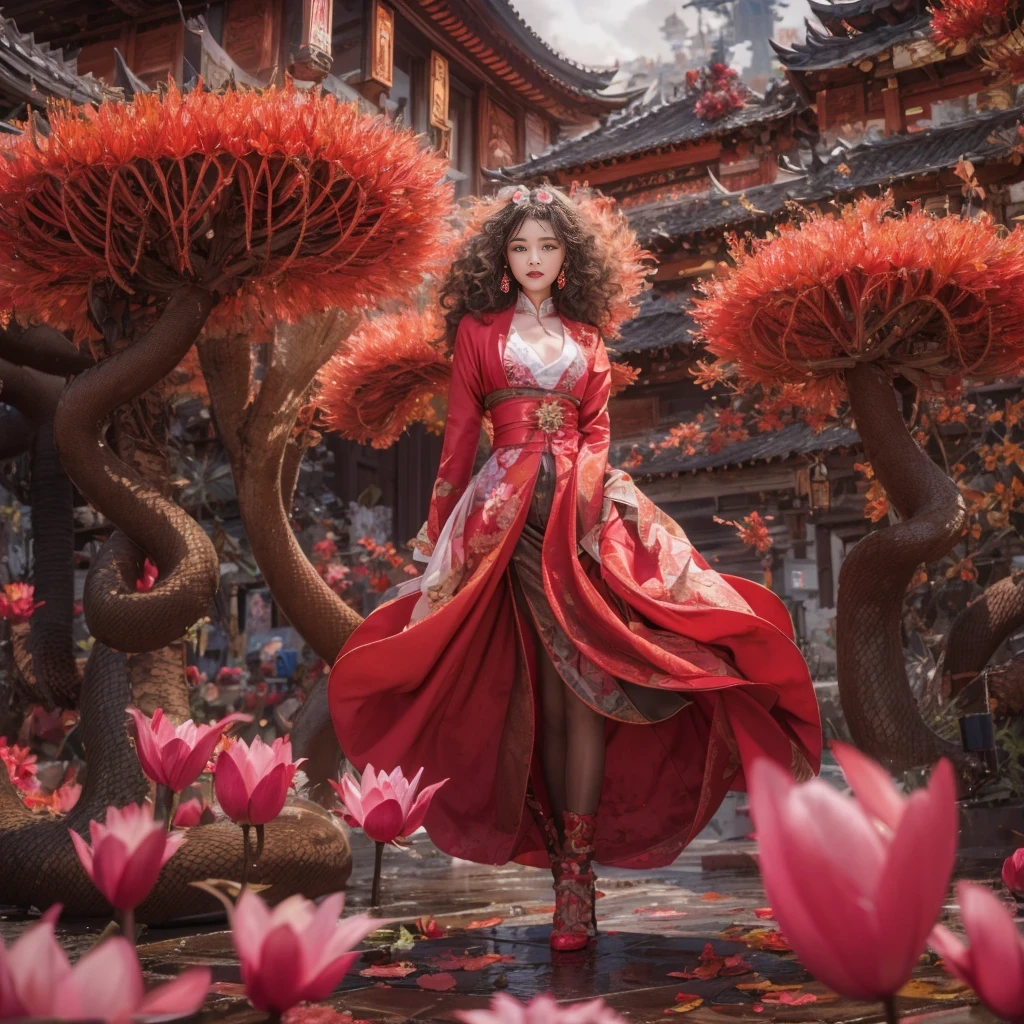 Telephoto tilt-shift lens 32k（masterpiece，HD，super high quality，32k）big curly hair，flowing rouge，pond，we disagree， a color，  Asian （Silly girl）， （silk scarf）， Combat stance， looking at the ground， Large rolls of rouge， flowing rouge curls， Crocodile leather tiara， Chinese style long sleeve clothing， （Abstract ink splash：1.2）， Pink lotus background，Water lily flower protector（realistically：1.4），rouge hair，Autumn is already in full swing，The background is very pure， high resolution， detail， original photo， Sharp Re， Nikon D850 film photo by Jefferies Lee 4 Kodak Portra 400 camera F1.6 guns, rich and colorful, Super real、Vivid texture, dramatic lighting, Unreal Engine Art Station Trend, Silicon Nest 800，big curly hair，flowing rouge