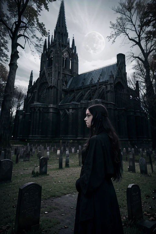 Create a stunning and ominous gothic aesthetic image. The scene should be set at twilight, with a crumbling gothic cathedral in the background, surrounded by ancient gravestones and twisted trees. A full moon should be rising in the distance, casting long shadows across the scene. In the foreground, a darkly dressed figure, with flowing hair and a mysterious aura, should be standing, lost in thought. The color palette should be desaturated, with deep purples, blues, and grays, evoking a sense of mystery and intrigue. The overall mood should be dark, ominous, and captivating, drawing the viewer into the gothic world.