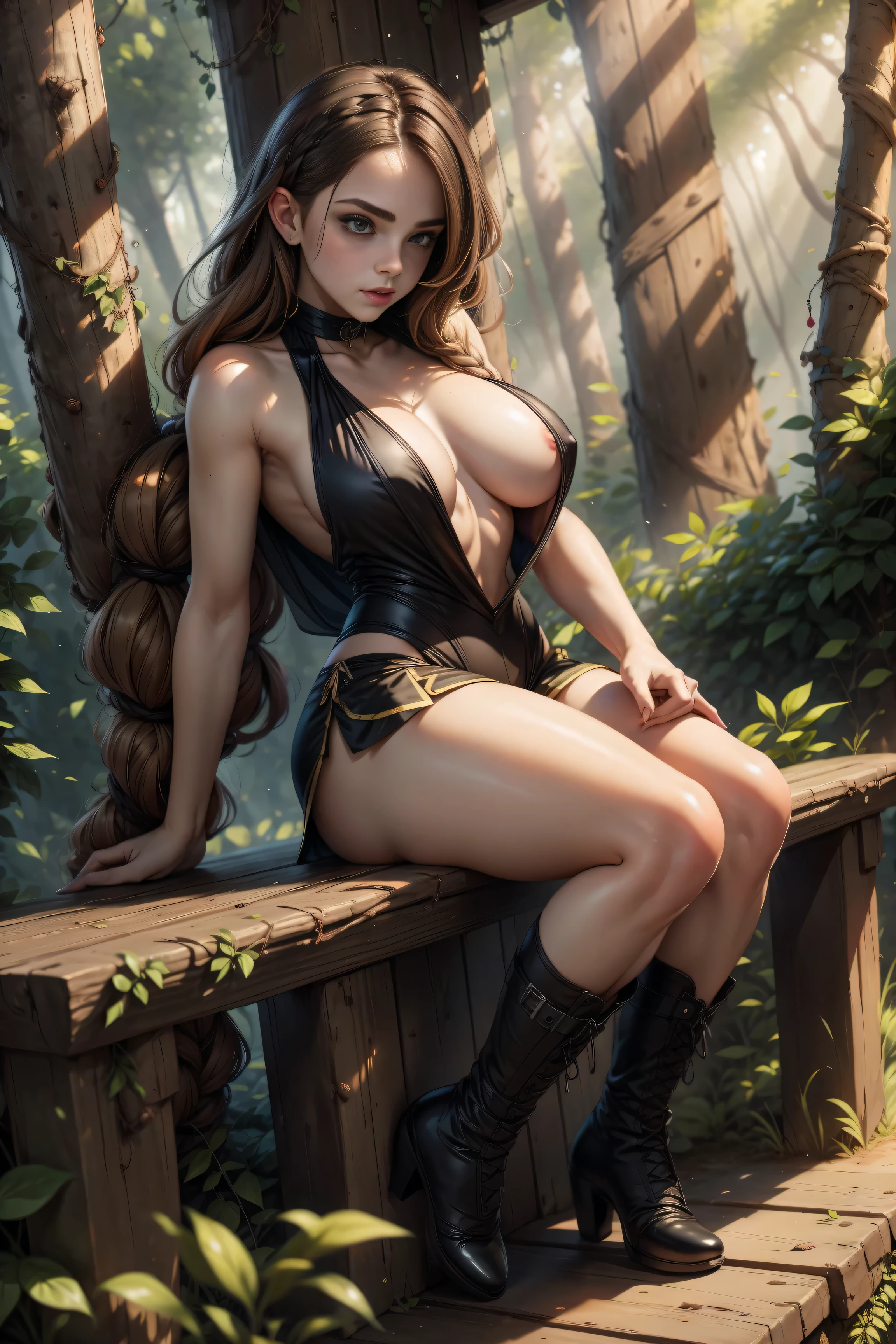 masterpiece. detailed oil painting of  Emma Watson as a fairy, athletic. hair in braids, shorts for the summer. she is wearing a Detailed symbiote Venom costume, boots. night. in forest glade, light beams through tree leaves. long hair. sitting on stone bench incrusted jewels. background pet dragon.