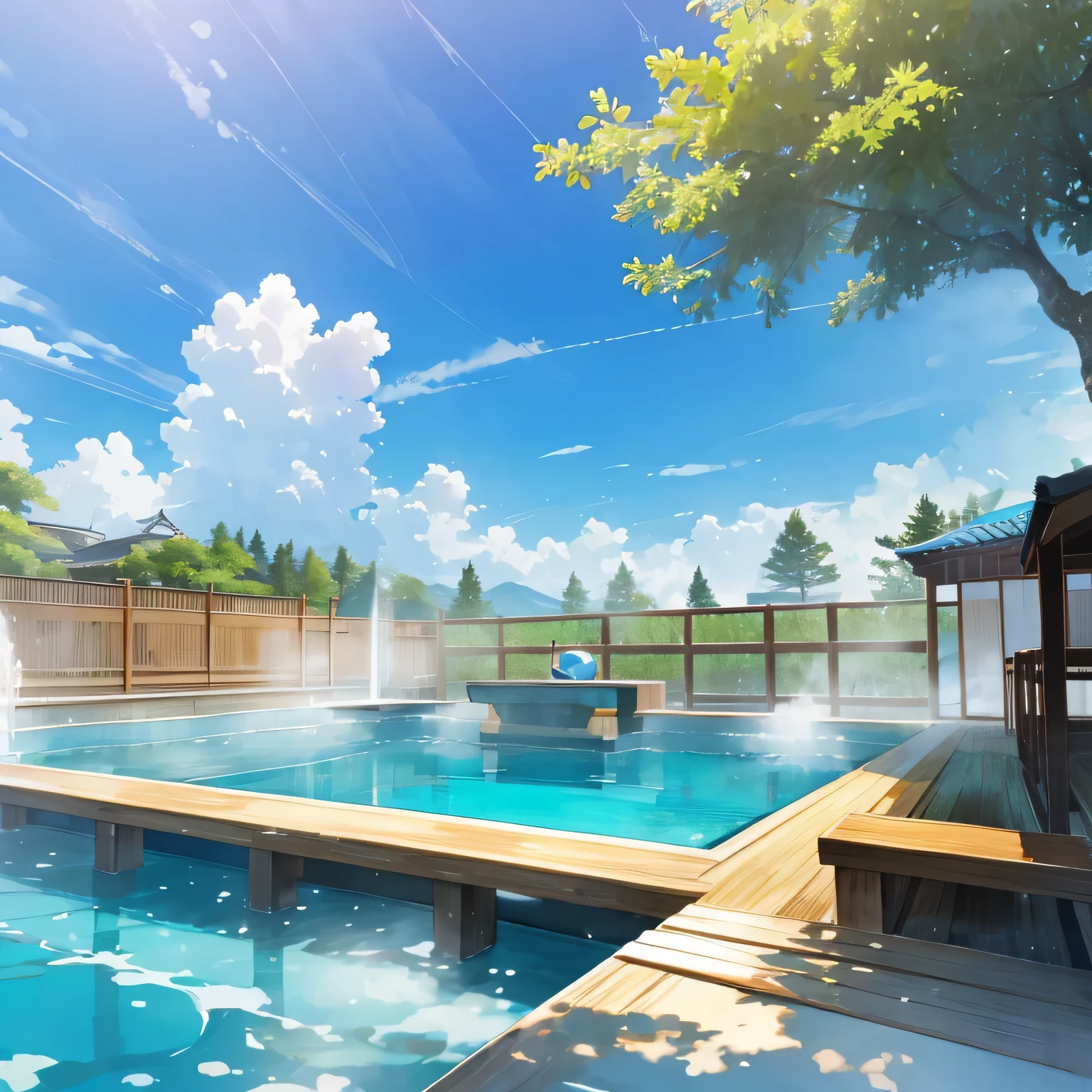 Large open-air bath,hot spring,hot spring旅館の大浴場,vapor,natural scenery、Ohinoki bath、blue sky、there's no one here、