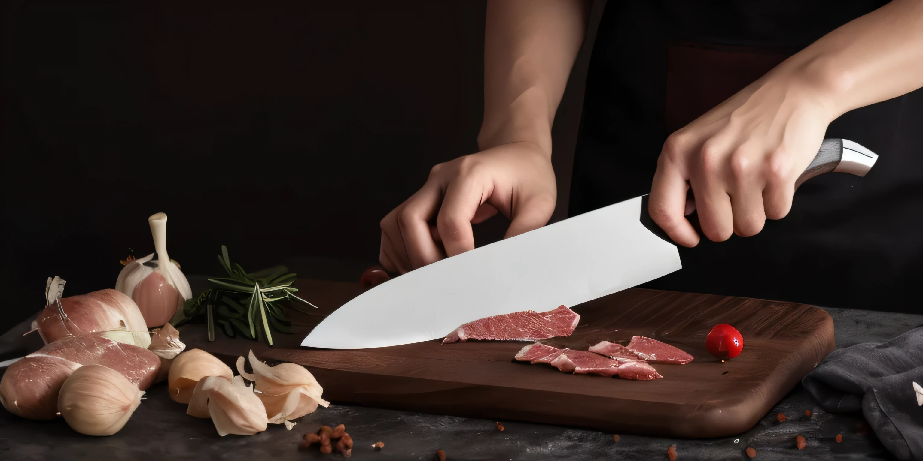 Someone is cutting meat on a cutting board with a knife, Holding a kitchen knife, holding a knife, hand holding a knife, holding a knife, holding a knife in hand, holding magical kitchen knives, meat cleaver, closeup of a butcher working, Curved blades in each hand, Slicing technology, 4 0 0 mm, beef