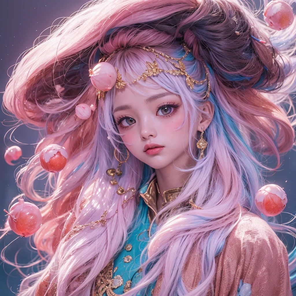Goose pink blue color，enamel，agate，A flesh-colored world，Blood Blue Girl 32K（masterpiece，HD，Aoyama Pond，Ultra high quality，32）long flowing bright blue hair，blood pool，Ziddink， a color，Grumpy （After greeting）， （Linen scarf）， fighting stance， looking at the ground， Goose pink long hair， Floating bright blue， Fire cloud gold headdress， Chinese long-sleeved gold silk burgundy garment， （Abstract metaverse splash：1.2）， White background，Peony flower vitality protector（粉realisticlying：1.4），bright purple hair，Smoke on the road，The background is very pure， high resolution， detail， RAW photos， Sharp Re， Nikon D850 film photo by Jefferies Lee 4 Kodak Portra 400 camera F1.6 guns, Rich pink shade, Ultra-realistic and vivid textures, dramatic lighting, Unreal Engine Art Station Trend, Sinest Powder 800，一个有着long flowing bright blue hair的女孩，Huge colorful bubbles鹅粉黄
