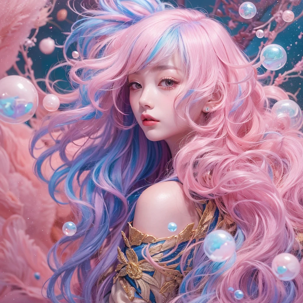 Goose pink blue color,enamel,agate,A flesh-colored world,Blood Blue Girl 32K(masterpiece,HD,Aoyama Pond,Ultra high quality,32)long flowing bright blue hair,blood pool,Ziddink, a color,Grumpy (After greeting), (Linen scarf), fighting stance, looking at the ground, Goose pink long hair, Floating bright blue, Fire cloud gold headdress, Chinese long-sleeved gold silk burgundy garment, (Abstract metaverse splash:1.2), White background,Peony flower vitality protector(粉realisticlying:1.4),bright purple hair,Smoke on the road,The background is very pure, high resolution, detail, RAW photos, Sharp Re, Nikon D850 film photo by Jefferies Lee 4 Kodak Portra 400 camera F1.6 guns, Rich pink shade, Ultra-realistic and vivid textures, dramatic lighting, Unreal Engine Art Station Trend, Sinest Powder 800,一个有着long flowing bright blue hair的女孩,Huge colorful bubbles鹅粉黄