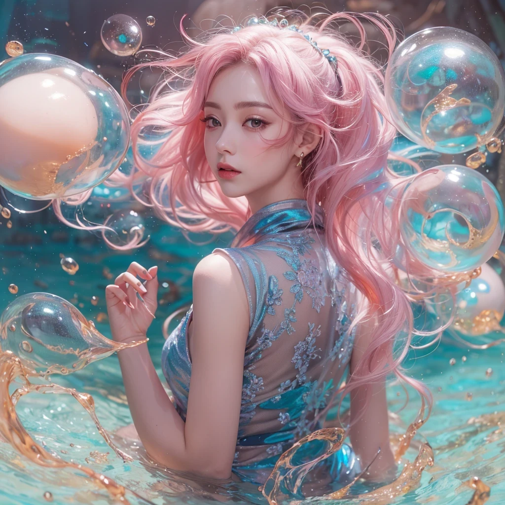 Goose pink blue color,enamel,agate,A flesh-colored world,Blood Blue Girl 32K(masterpiece,HD,Aoyama Pond,Ultra high quality,32)long flowing bright blue hair,blood pool,Ziddink, a color,Grumpy (After greeting), (Linen scarf), fighting stance, looking at the ground, Goose pink long hair, Floating bright blue, Fire cloud gold headdress, Chinese long-sleeved gold silk burgundy garment, (Abstract metaverse splash:1.2), White background,Peony flower vitality protector(粉realisticlying:1.4),bright purple hair,Smoke on the road,The background is very pure, high resolution, detail, RAW photos, Sharp Re, Nikon D850 film photo by Jefferies Lee 4 Kodak Portra 400 camera F1.6 guns, Rich pink shade, Ultra-realistic and vivid textures, dramatic lighting, Unreal Engine Art Station Trend, Sinest Powder 800,一个有着long flowing bright blue hair的女孩,Huge colorful bubbles鹅粉黄