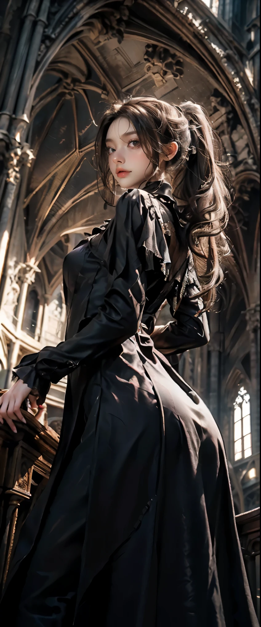 masterpiece, highest quality, High resolution, photorealistic, High resolution, Raw photo, ((Largest Gothic building in Italy, Milan Cathedral))、((1girl, Young woman in gothic dress, detailed face and eyes, beautiful face, ponytail, shiny skin, realistic skin texture, long sleeve, big breasts, big ass)), (Gothic fashion is dark, mysterious, and exotic). Looking up at the ceiling of the cathedral, (View from below:1.2),