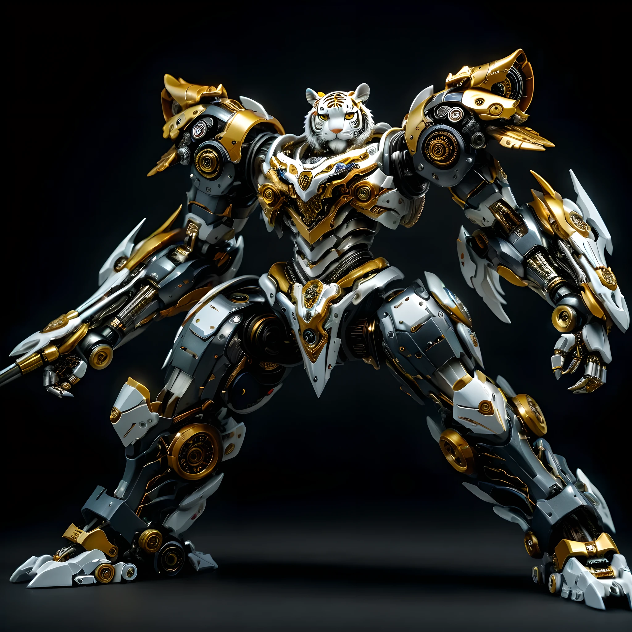 full view, Pure black background, A white and yellow Tiger mecha stood on the ground，Get into a fighting stance, Mechanical tiger head and body composed of ultra-precision mechanical parts, Electronic Component, and metal armor. (Well-designed, high detail, masterpiece, best quality, ultra high definition, Sharpen details, , metallic feel),BRS, (Stylish designed armor:1.5), (biology:1.5)