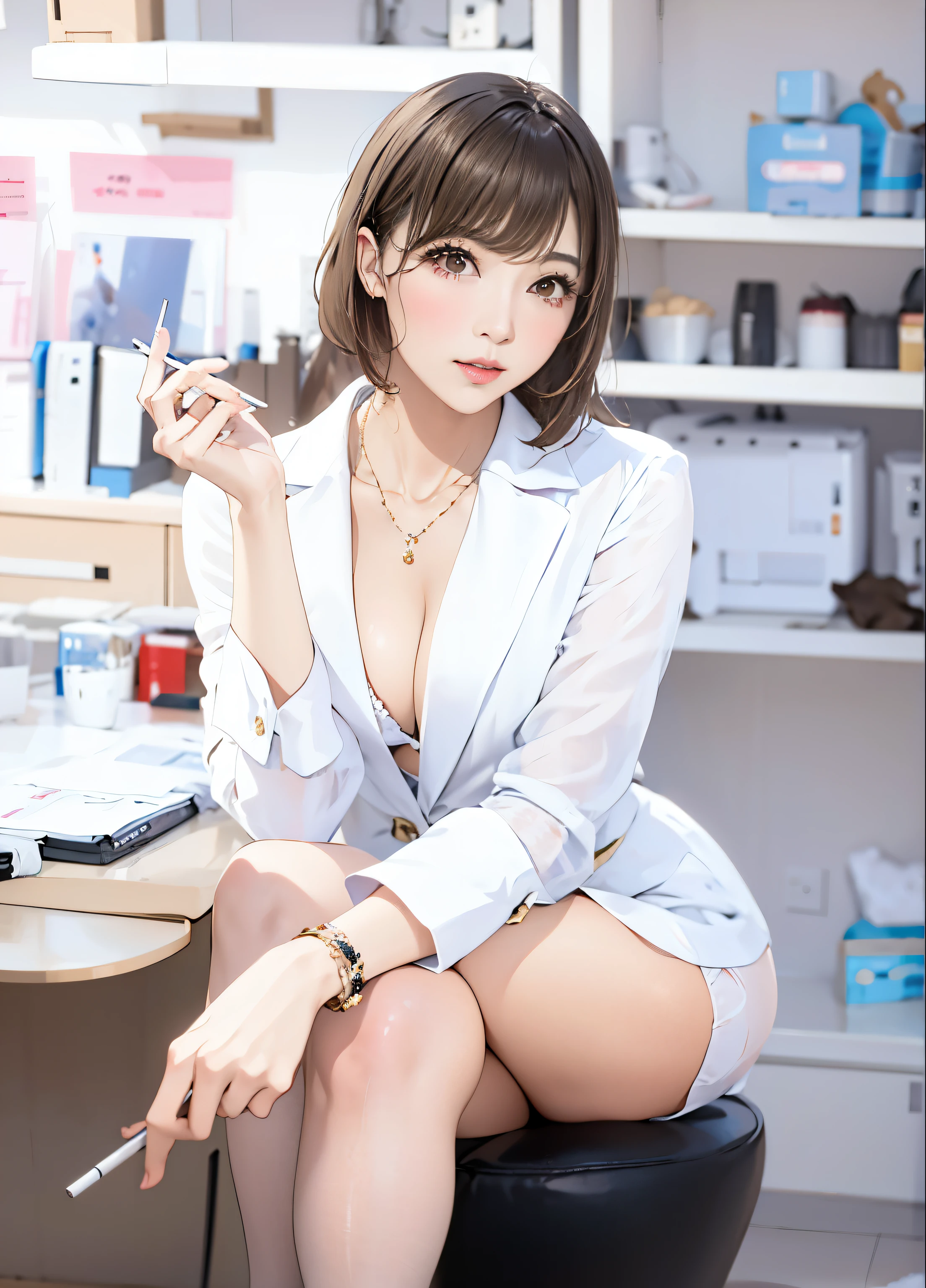 Alpha female sitting on a chair and smoking a cigarette, ayami kojima amano, wearing a white coat and blouse, Yoshitomo Nara, japanese model, deayami kojima, doctor, Chiho, sophisticated gravure idol, sakimichan, kotegawa yui, tsubasa hanekawa