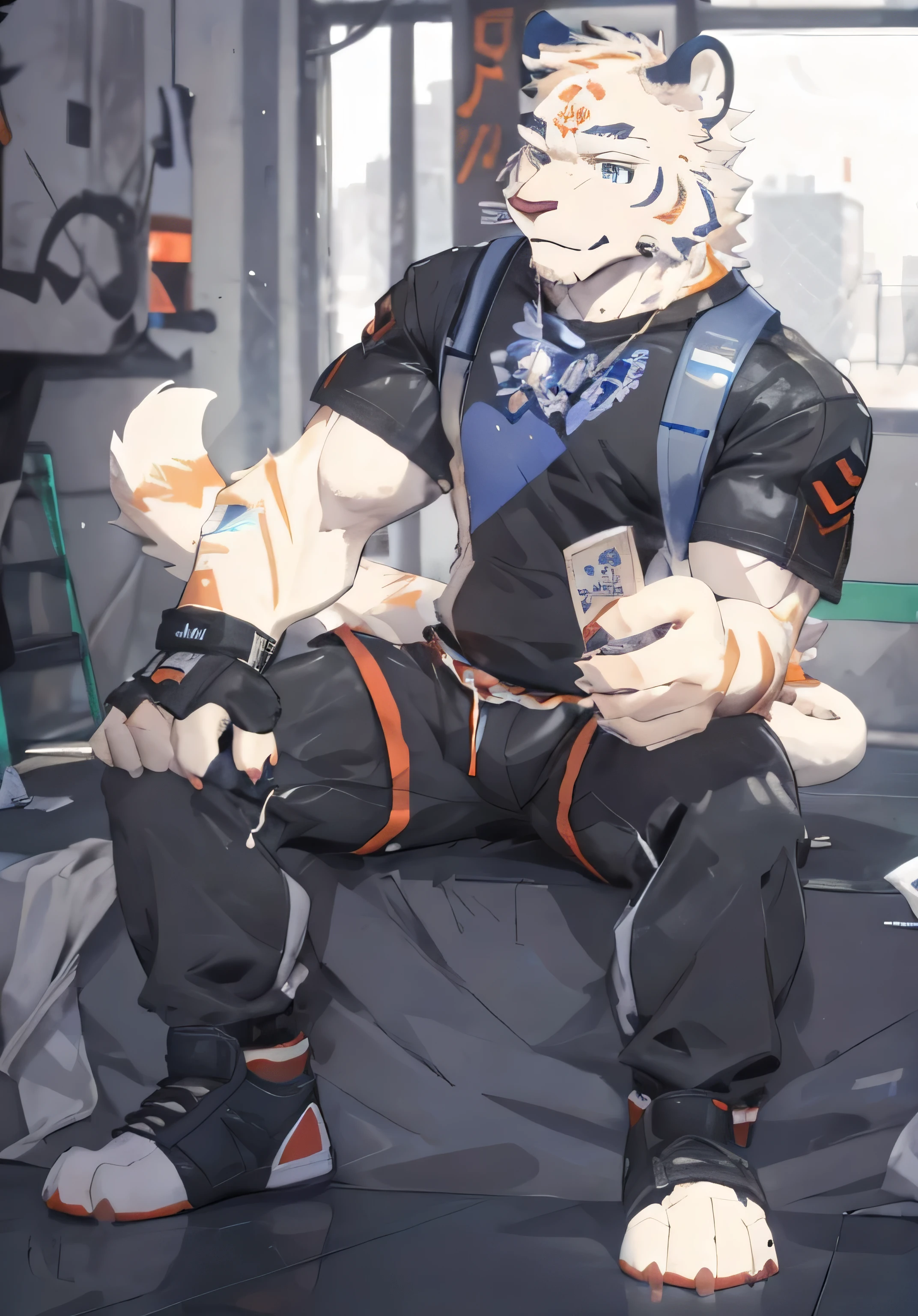 A white tiger boy,Wear a black basketball suit,Play basketball on the court,Sweat stains all over the body,Wearing white socks and basketball shoes on feet