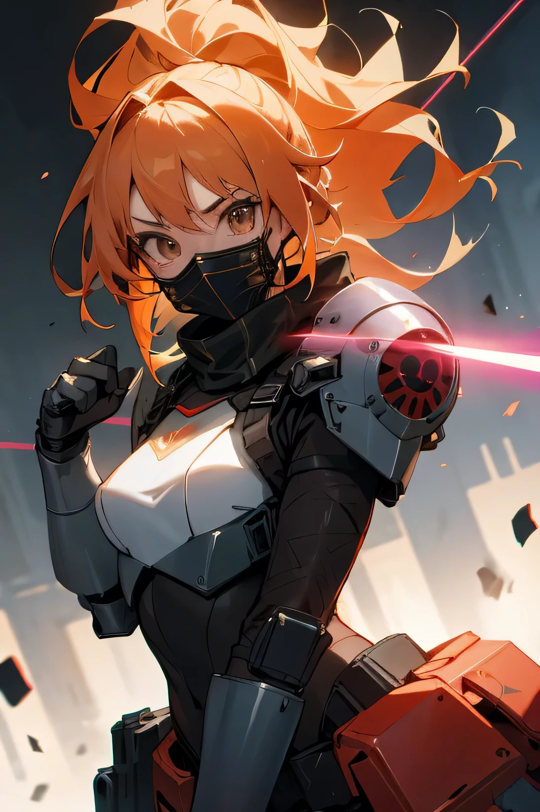 Young adult, Female, bounty Hunter gear, laser guns, town background, Mask, Armor, Masterpiece Quality, Perfect Generation.