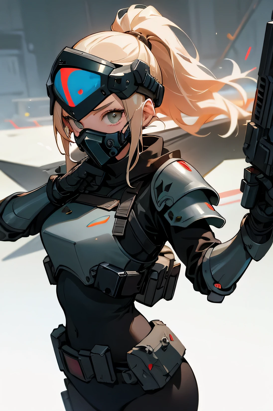 Young adult, Female, bounty Hunter gear, laser guns, town background, Mask, Armor, Masterpiece Quality, Perfect Generation.