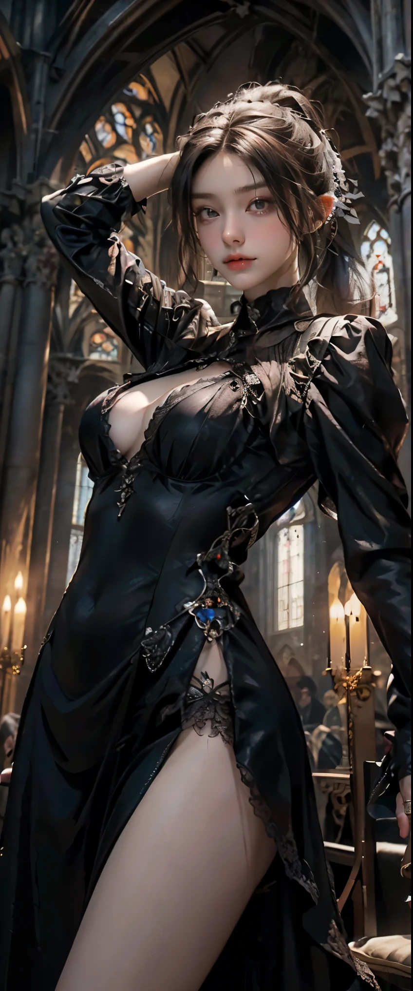 masterpiece, highest quality, High resolution, photorealistic, High resolution, Raw photo, ((Largest Gothic building in Italy, Milan Cathedral))、((1girl, Young woman in gothic dress, detailed face and eyes, beautiful face, ponytail, shiny skin, realistic skin texture, long sleeve, big breasts, big ass)), (Gothic fashion is dark, mysterious, and exotic). Looking up at the ceiling of the cathedral, (View from below:1.2),