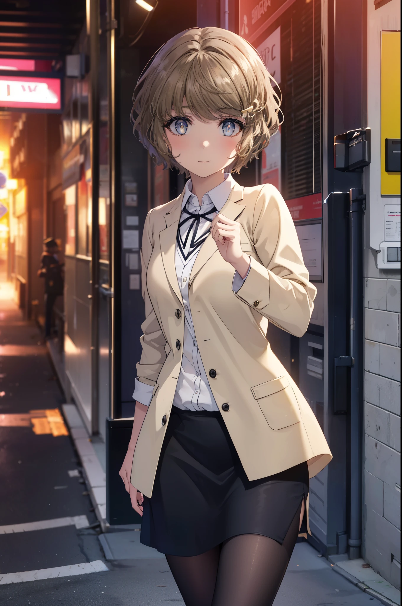 tomoekoga, Chie Koga, short hair, brown hair, blue eyes, hair clip,big breasts , mouth open,smile,blush,OL,  yellow long coat　The front is empty,end, black suit jacket, collared jacket, white dress shirt, collared shirt, neckline, button, strap, ID card on neck, black pencil skirt, black pantyhose, stiletto heels,sunset,evening,
break outdoors, In town,building street,
break looking at viewer, (cowboy shot:1.5),
break (masterpiece:1.2), highest quality, High resolution, unity 8k wallpaper, (figure:0.8), (detailed and beautiful eyes:1.6), highly detailed face, perfect lighting, Very detailed CG, (perfect hands, perfect anatomy),