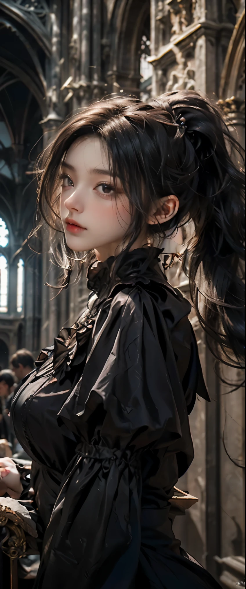 masterpiece, highest quality, High resolution, photorealistic, High resolution, Raw photo, ((Largest Gothic building in Italy, Milan Cathedral))、((1girl, Young woman in gothic dress, detailed face and eyes, beautiful face, ponytail, shiny skin, realistic skin texture, long sleeve, big breasts, big ass)), (Gothic fashion is dark, mysterious, and exotic). Looking up at the ceiling of the cathedral,