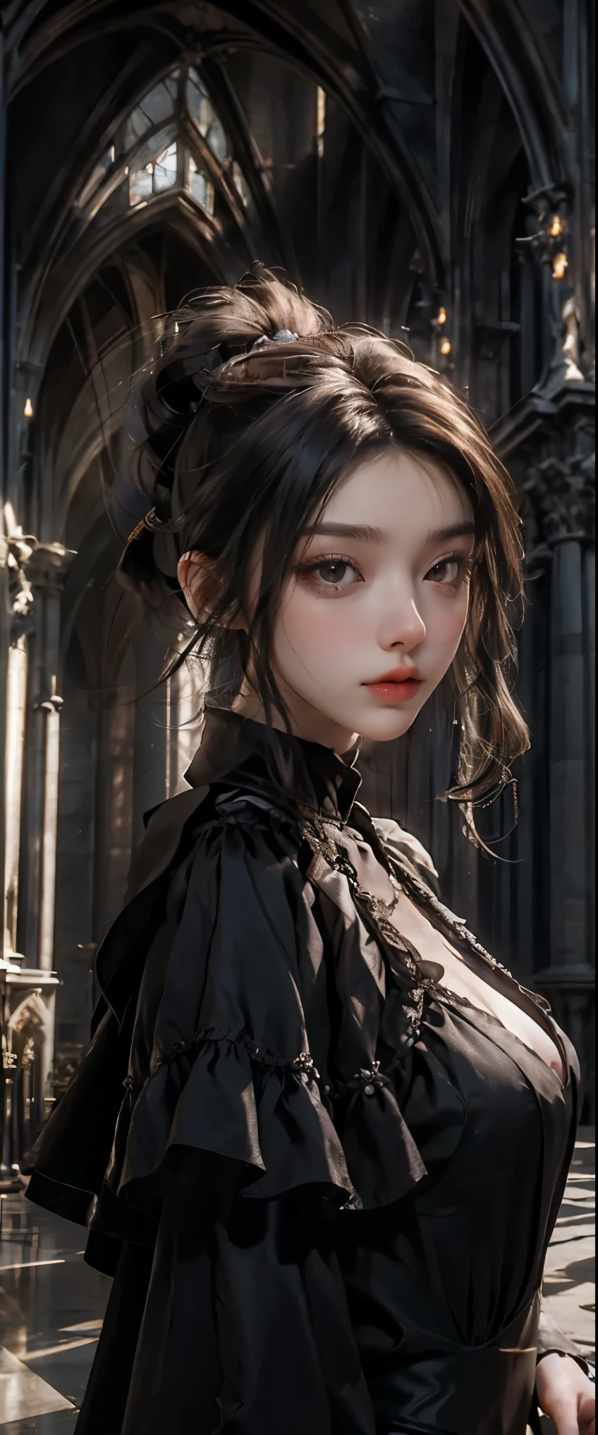 masterpiece, highest quality, High resolution, photorealistic, High resolution, Raw photo, ((Largest Gothic building in Italy, Milan Cathedral))、((1girl, Young woman in gothic dress, detailed face and eyes, beautiful face, ponytail, shiny skin, realistic skin texture, long sleeve,  big breasts, big ass)), (Gothic fashion is dark, mysterious, and exotic). Looking up at the ceiling of the cathedral, (View from below:1.2), 