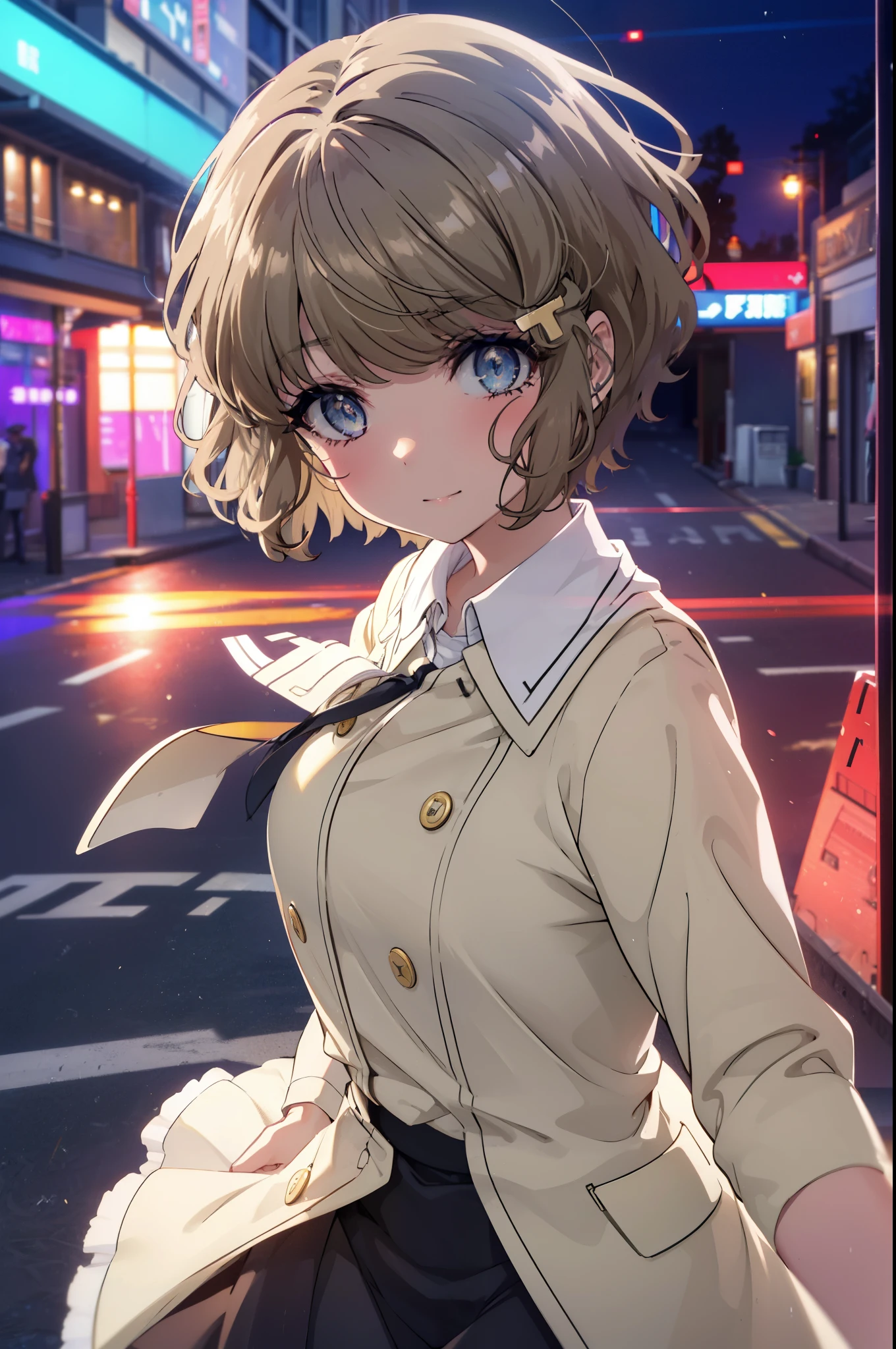 tomoekoga, Chie Koga, short hair, brown hair, blue eyes, hair clip,big breasts , mouth open,smile,blush,OL,  yellow long coat　The front is empty,end, black suit jacket, collared jacket, white dress shirt, collared shirt, neckline, button, strap, ID card on neck, black pencil skirt, black pantyhose, stiletto heels,sunset,evening,
break outdoors, In town,building street,
break looking at viewer, (cowboy shot:1.5),
break (masterpiece:1.2), highest quality, High resolution, unity 8k wallpaper, (figure:0.8), (detailed and beautiful eyes:1.6), highly detailed face, perfect lighting, Very detailed CG, (perfect hands, perfect anatomy),