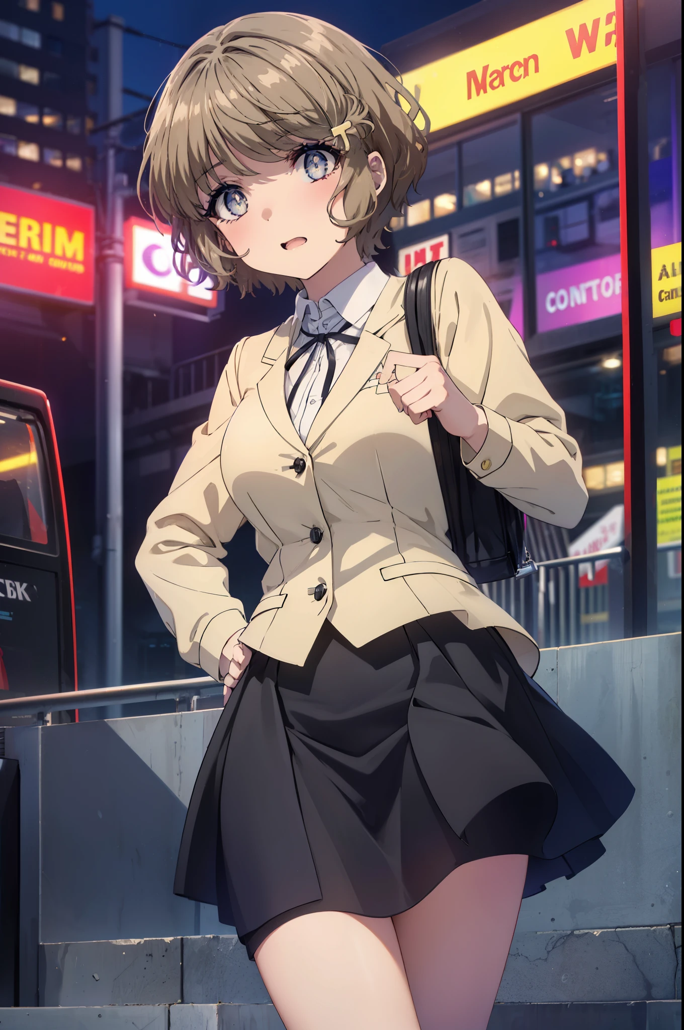 tomoekoga, Chie Koga, short hair, brown hair, blue eyes, hair clip,big breasts , mouth open,smile,blush,OL,  yellow long coat　The front is empty,end, black suit jacket, collared jacket, white dress shirt, collared shirt, neckline, button, strap, ID card on neck, black pencil skirt, black pantyhose, stiletto heels,sunset,evening,
break outdoors, In town,building street,
break looking at viewer, (cowboy shot:1.5),
break (masterpiece:1.2), highest quality, High resolution, unity 8k wallpaper, (figure:0.8), (detailed and beautiful eyes:1.6), highly detailed face, perfect lighting, Very detailed CG, (perfect hands, perfect anatomy),