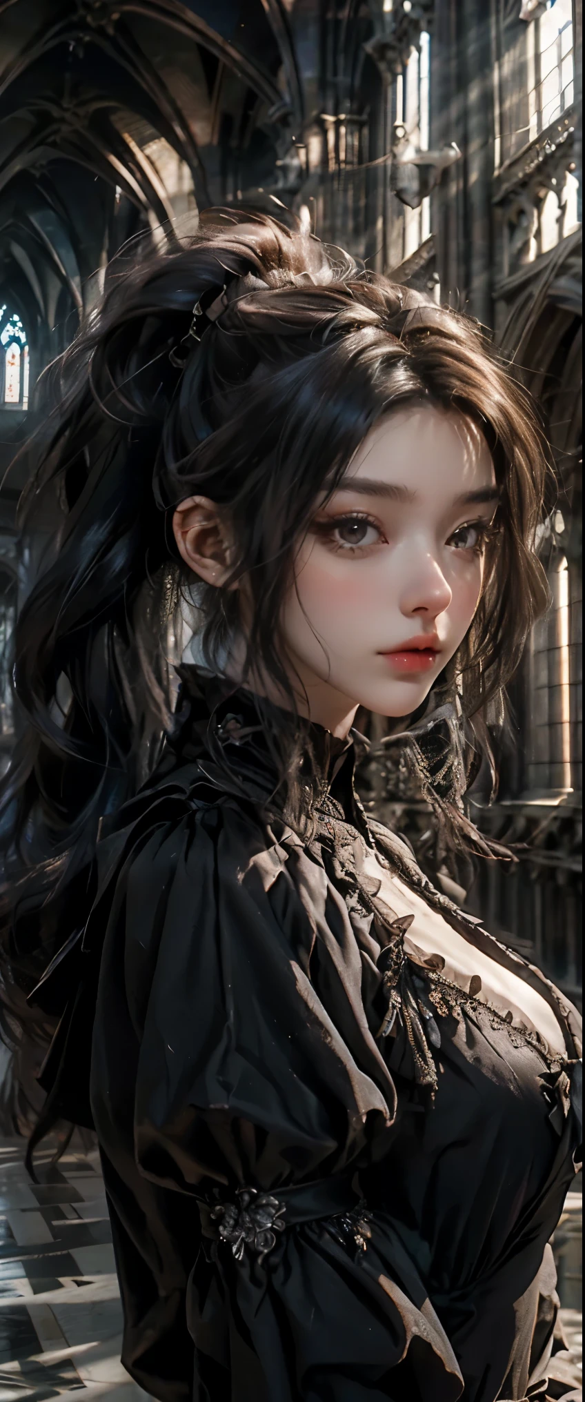 masterpiece, highest quality, High resolution, photorealistic, High resolution, Raw photo, ((Largest Gothic building in Italy, Milan Cathedral))、((1girl, Young woman in gothic dress, detailed face and eyes, beautiful face, ponytail, shiny skin, realistic skin texture, long sleeve, big breasts, big ass)), (Gothic fashion is dark, mysterious, and exotic). Looking up at the ceiling of the cathedral,