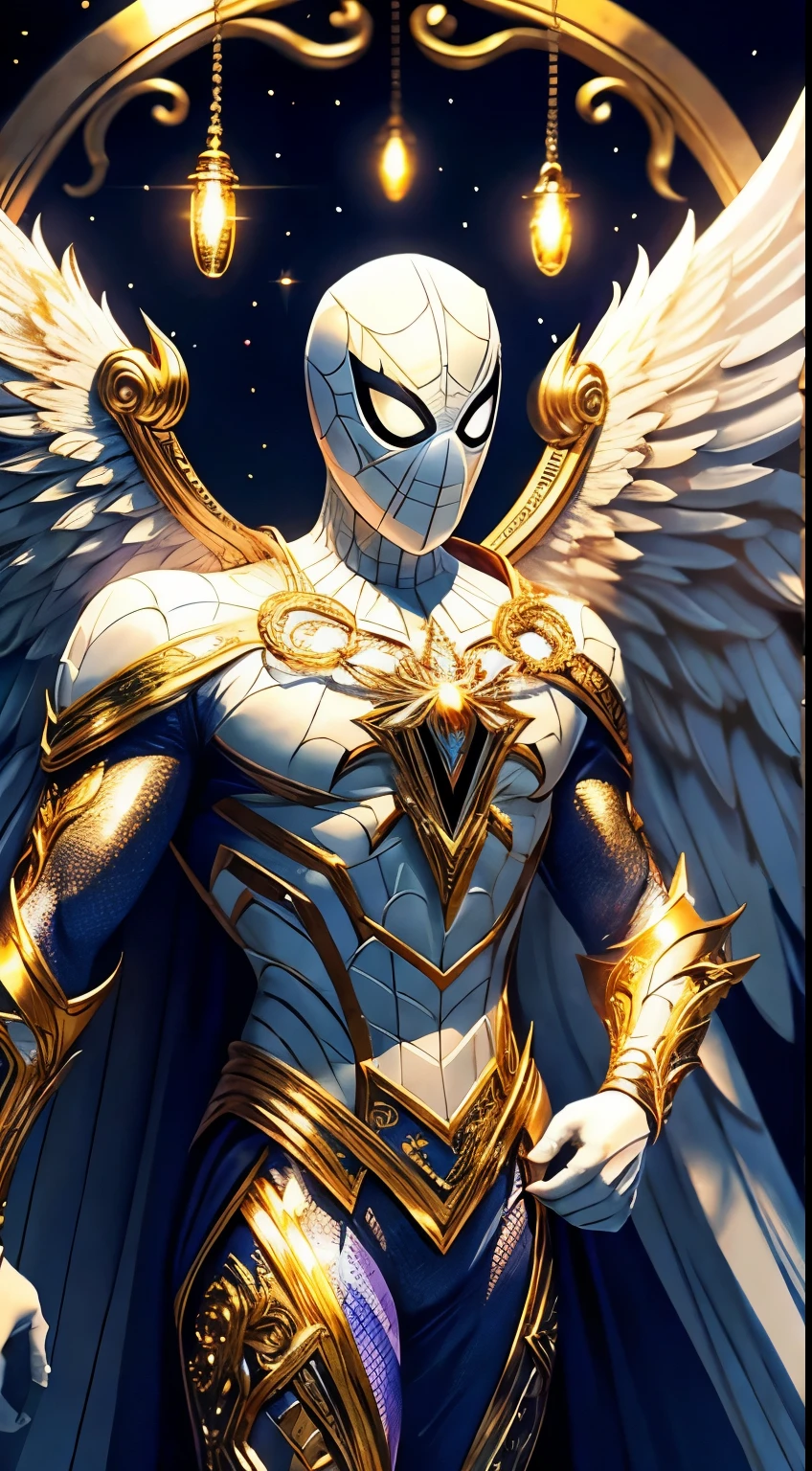 precious details,(intricate details), chivalrous angel" He is wearing a white and gold suit，An angelic chandelier hangs on the chest.. His mask has glowing eyes，Send out rays instead of nets.... He has angel wings，Let him fly gracefully. Fight crime and demonic forces. 🌟🕊️🕷️,epic background ,soft lighting, Light of Heaven, HDR超清4k