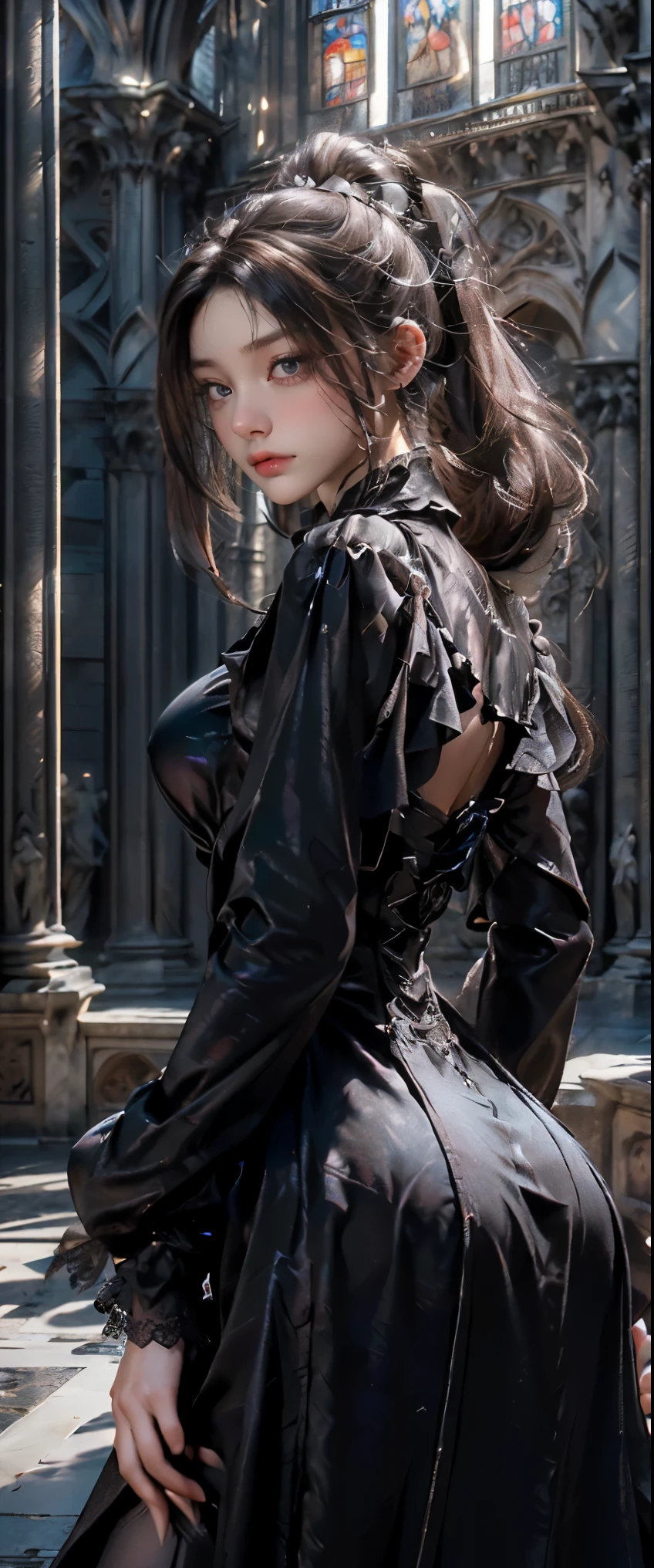 masterpiece, highest quality, High resolution, photorealistic, High resolution, Raw photo, ((Largest Gothic building in Italy, Milan Cathedral))、((1girl, Young woman in gothic dress, detailed face and eyes, beautiful face, ponytail, shiny skin, realistic skin texture, long sleeve, big breasts, big ass)), (Gothic fashion is dark, mysterious, and exotic).
