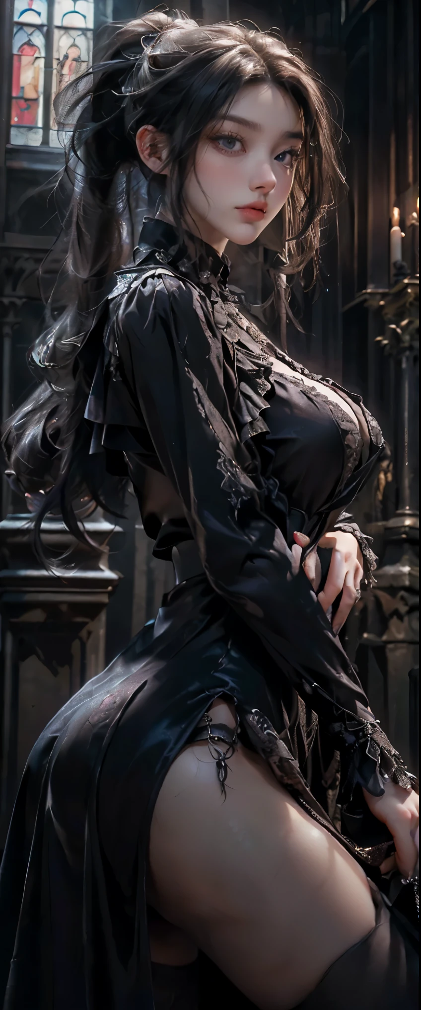 masterpiece, highest quality, High resolution, photorealistic, High resolution, Raw photo, ((Largest Gothic building in Italy, Milan Cathedral))、((1girl, Young woman in gothic dress, detailed face and eyes, beautiful face, ponytail, shiny skin, realistic skin texture, long sleeve,  big breasts, big ass)), (Gothic fashion is dark, mysterious, and exotic).