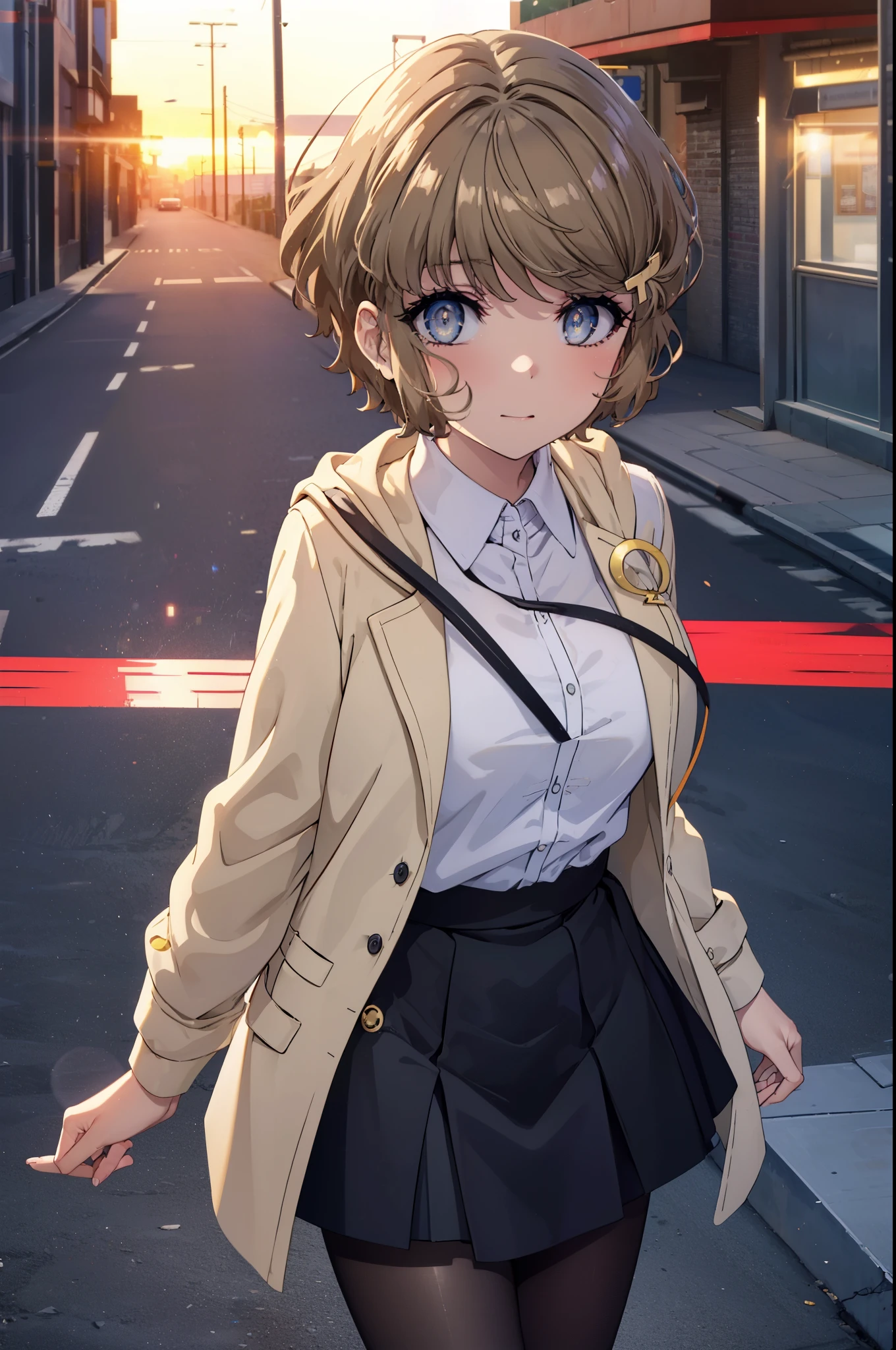 tomoekoga, Chie Koga, short hair, brown hair, blue eyes, hair clip,big breasts , mouth open,smile,blush,OL,  yellow long coat　The front is empty,end, black suit jacket, collared jacket, white dress shirt, collared shirt, neckline, button, strap, ID card on neck, black pencil skirt, black pantyhose, stiletto heels,sunset,evening,
break outdoors, In town,building street,
break looking at viewer, (cowboy shot:1.5),
break (masterpiece:1.2), highest quality, High resolution, unity 8k wallpaper, (figure:0.8), (detailed and beautiful eyes:1.6), highly detailed face, perfect lighting, Very detailed CG, (perfect hands, perfect anatomy),