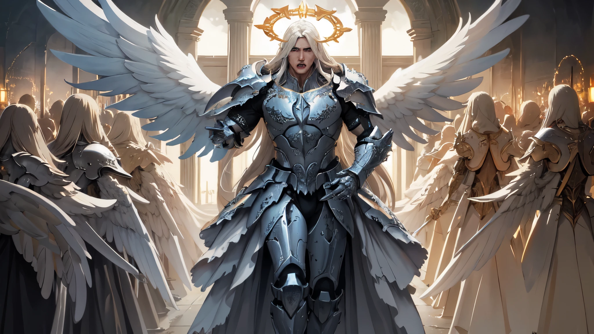 The Horde of Celestial Angels, Angels Descending from the Sky, crowd, angry expression, (battle, fighting Angels), ("Judgment Day"), male, many warriors, shiny armor, angel wings, halo, realistic epic, soft cinematic portrait, Adobe Lightroom, Photo Lab, highly detailed, faded, (neutral colors: 1.2), (HDR: 1.4), (soft colors:1.2), hyperdetailed, (Artstation:1.4), cinematic, warm lights, dramatic light, (intricate details:1.1), complex background, (Rutkowski:0.66), (blue and orange:0.4)