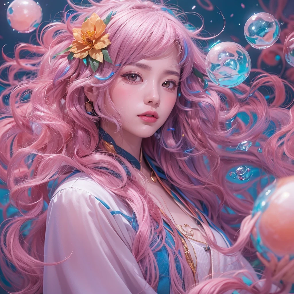 Goose pink blue color,enamel,agate,A flesh-colored world,Blood Blue Girl 32K(masterpiece,HD,Aoyama Pond,Ultra high quality,32)long flowing bright blue hair,blood pool,Ziddink, a color,Grumpy (After greeting), (Linen scarf), fighting stance, looking at the ground, Goose pink long hair, Floating bright blue, Fire cloud gold headdress, Chinese long-sleeved gold silk burgundy garment, (Abstract metaverse splash:1.2), White background,Peony flower vitality protector(粉realisticlying:1.4),bright purple hair,Smoke on the road,The background is very pure, high resolution, detail, RAW photos, Sharp Re, Nikon D850 film photo by Jefferies Lee 4 Kodak Portra 400 camera F1.6 guns, Rich pink shade, Ultra-realistic and vivid textures, dramatic lighting, Unreal Engine Art Station Trend, Sinest Powder 800,一个有着long flowing bright blue hair的女孩,Huge colorful bubbles鹅粉黄