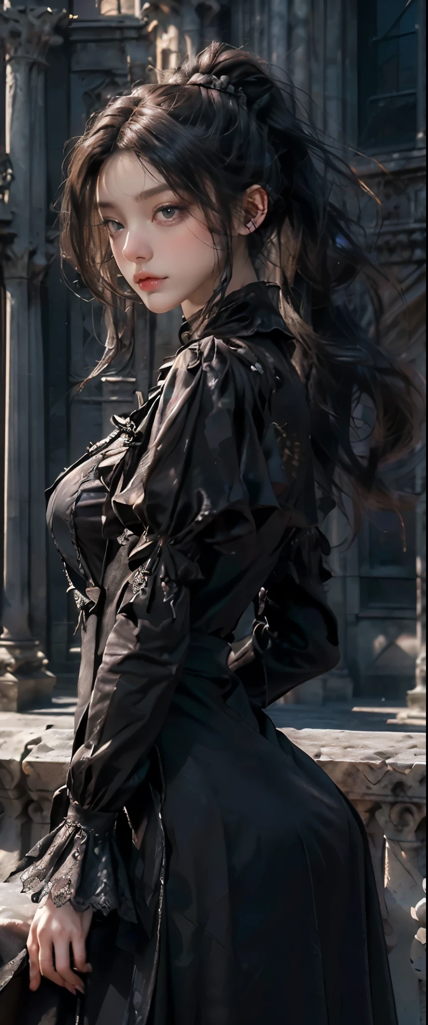 masterpiece, highest quality, High resolution, photorealistic, High resolution, Raw photo, ((Largest Gothic building in Italy, Milan Cathedral))、((1girl, Young woman in gothic dress, detailed face and eyes, beautiful face, ponytail, shiny skin, realistic skin texture, long sleeve, big breasts, big ass)), (Gothic fashion is dark, mysterious, and exotic).