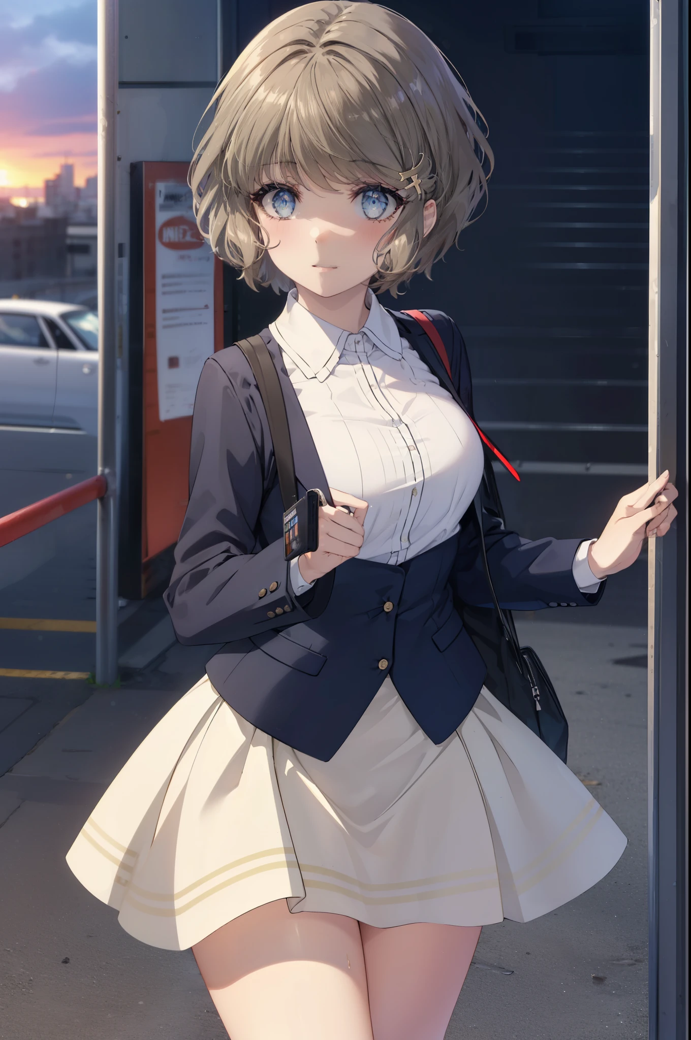 tomoekoga, Chie Koga, short hair, brown hair, blue eyes, hair clip,big breasts , mouth open,smile,blush,OL, yellow long coat The front is empty,end, black suit jacket, collared jacket, white dress shirt, collared shirt, neckline, button, strap, ID card on neck, black pencil skirt, black pantyhose, stiletto heels,sunset,evening,
break outdoors, In town,building street,
break looking at viewer, (cowboy shot:1.5),
break (masterpiece:1.2), highest quality, High resolution, unity 8k wallpaper, (figure:0.8), (detailed and beautiful eyes:1.6), highly detailed face, perfect lighting, Very detailed CG, (perfect hands, perfect anatomy),