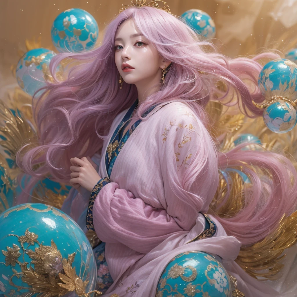 Goose pink blue color，enamel，agate，A flesh-colored world，Blood Blue Girl 32K（masterpiece，HD，Aoyama Pond，Ultra high quality，32）long flowing bright blue hair，blood pool，Ziddink， a color，Grumpy （After greeting）， （Linen scarf）， fighting stance， looking at the ground， Goose pink long hair， Floating bright blue， Fire cloud gold headdress， Chinese long-sleeved gold silk burgundy garment， （Abstract metaverse splash：1.2）， White background，Peony flower vitality protector（粉realisticlying：1.4），bright purple hair，Smoke on the road，The background is very pure， high resolution， detail， RAW photos， Sharp Re， Nikon D850 film photo by Jefferies Lee 4 Kodak Portra 400 camera F1.6 guns, Rich pink shade, Ultra-realistic and vivid textures, dramatic lighting, Unreal Engine Art Station Trend, Sinest Powder 800，一个有着long flowing bright blue hair的女孩，Huge colorful bubbles鹅粉黄