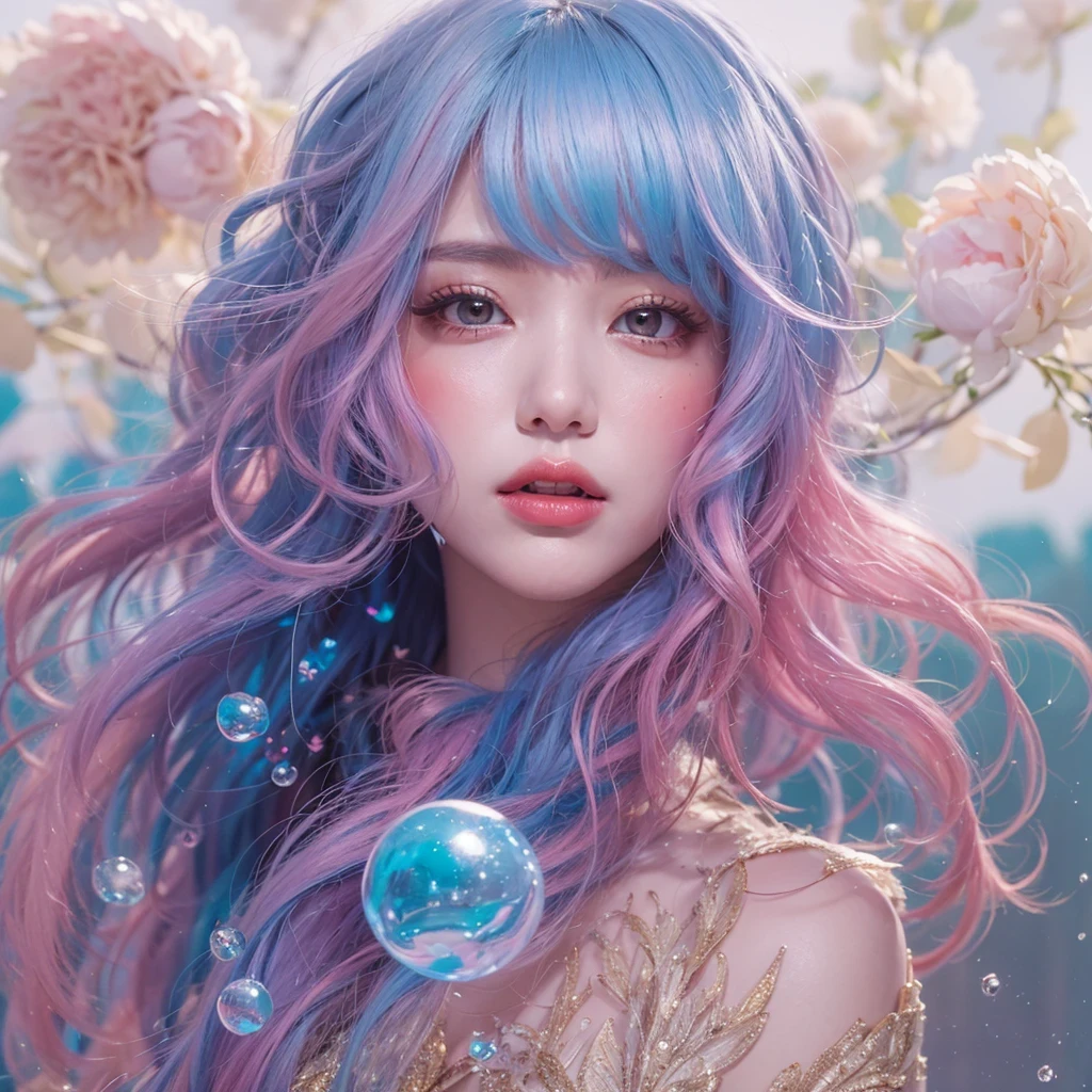 Goose pink blue color,enamel,agate,A flesh-colored world,Blood Blue Girl 32K(masterpiece,HD,Aoyama Pond,Ultra high quality,32)long flowing bright blue hair,blood pool,Ziddink, a color,Grumpy (After greeting), (Linen scarf), fighting stance, looking at the ground, Goose pink long hair, Floating bright blue, Fire cloud gold headdress, Chinese long-sleeved gold silk burgundy garment, (Abstract metaverse splash:1.2), White background,Peony flower vitality protector(粉realisticlying:1.4),bright purple hair,Smoke on the road,The background is very pure, high resolution, detail, RAW photos, Sharp Re, Nikon D850 film photo by Jefferies Lee 4 Kodak Portra 400 camera F1.6 guns, Rich pink shade, Ultra-realistic and vivid textures, dramatic lighting, Unreal Engine Art Station Trend, Sinest Powder 800,一个有着long flowing bright blue hair的女孩,Huge colorful bubbles鹅粉黄
