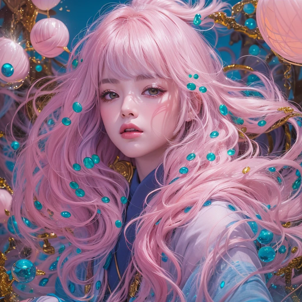 Goose pink blue color,enamel,agate,A flesh-colored world,Blood Blue Girl 32K(masterpiece,HD,Aoyama Pond,Ultra high quality,32)long flowing bright blue hair,blood pool,Ziddink, a color,Grumpy (After greeting), (Linen scarf), fighting stance, looking at the ground, Goose pink long hair, Floating bright blue, Fire cloud gold headdress, Chinese long-sleeved gold silk burgundy garment, (Abstract metaverse splash:1.2), White background,Peony flower vitality protector(粉realisticlying:1.4),bright purple hair,Smoke on the road,The background is very pure, high resolution, detail, RAW photos, Sharp Re, Nikon D850 film photo by Jefferies Lee 4 Kodak Portra 400 camera F1.6 guns, Rich pink shade, Ultra-realistic and vivid textures, dramatic lighting, Unreal Engine Art Station Trend, Sinest Powder 800,一个有着long flowing bright blue hair的女孩,Huge colorful bubbles鹅粉黄