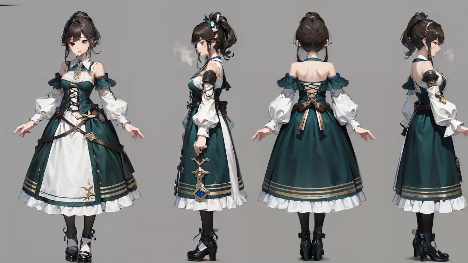 1 female, 20 years old, (granblue fantasy characters), Wearing a gothic dress,Magical girl， complete body, character design sheet，black hair，robe, Front view, side view, Rear view