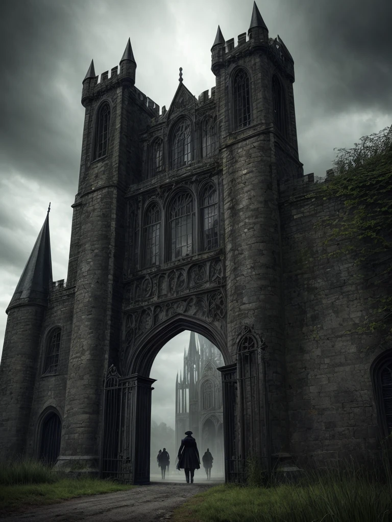 Image: A dark and ominous gothic castle shrouded in mist and mystery, with eerie spires reaching towards a stormy sky.

Descriptive keywords: Haunting, somber, foreboding.

Photographic style: Dark and moody lighting, emphasizing shadows and contrasts to evoke a sense of dread and mystery.

Tone: Spine-chilling and atmospheric, with a hint of supernatural intrigue.

Object: A looming black iron gate, twisted and entwined with creeping ivy, leading into the imposing castle.

Action: The gate creaks open slowly as if beckoning the viewer to explore the secrets within, hinting at the lurking mysteries and dangers that await beyond its threshold.