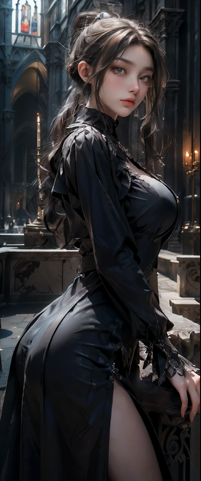 masterpiece, highest quality, High resolution, photorealistic, High resolution, Raw photo, ((Largest Gothic building in Italy, Milan Cathedral))、((1girl, Young woman in gothic dress, detailed face and eyes, beautiful face, ponytail, shiny skin, realistic skin texture, long sleeve,  big breasts, big ass)), 